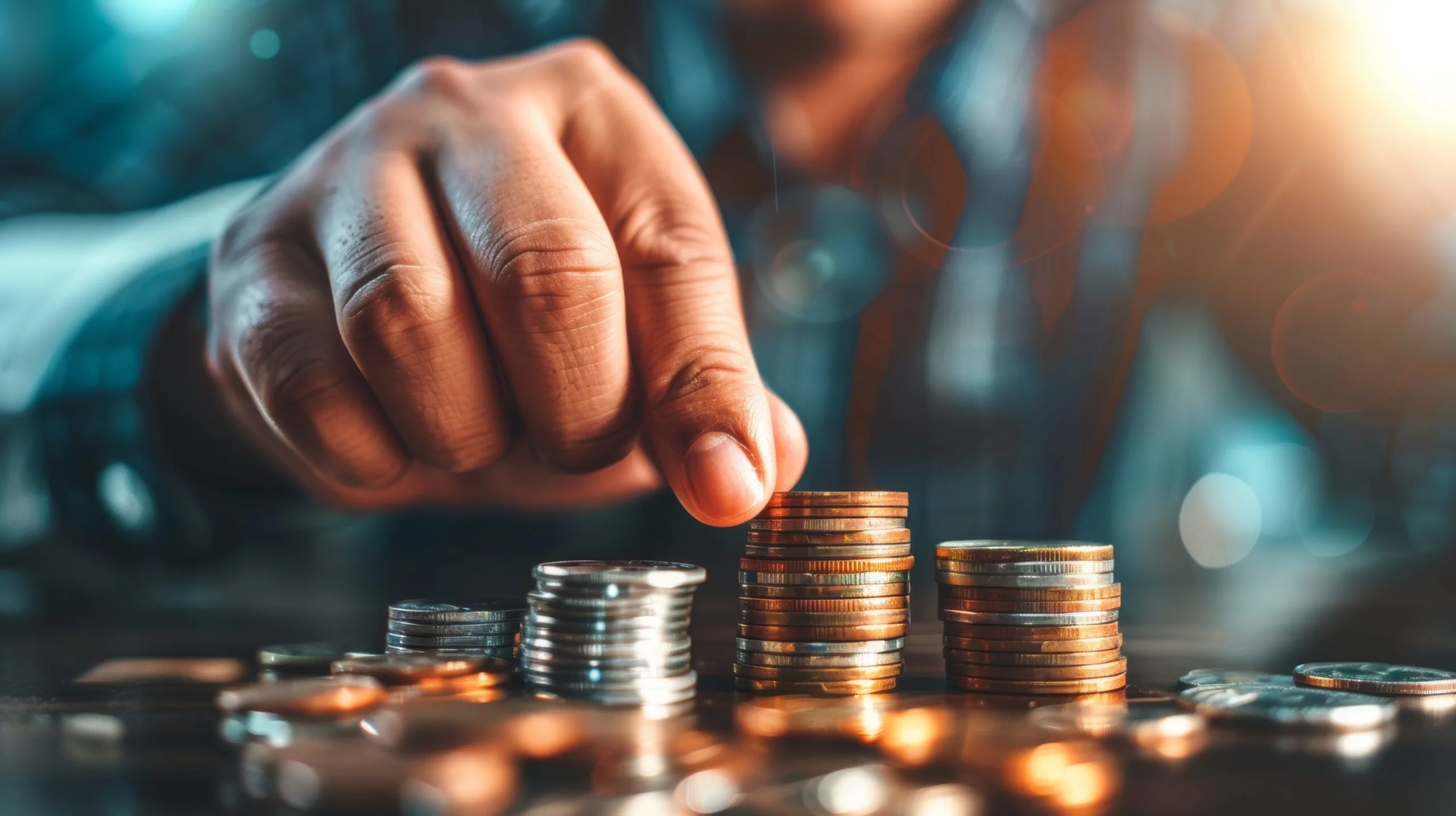 Separating A Stack Of Coins Representing Investing, Saving, and Dividing Property.