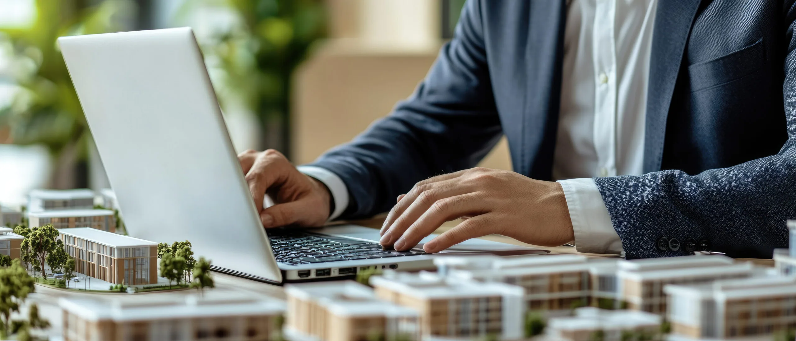 Businessman working on a laptop in an office surrounded by building models, showcasing the essence of what are landlords responsible for. 