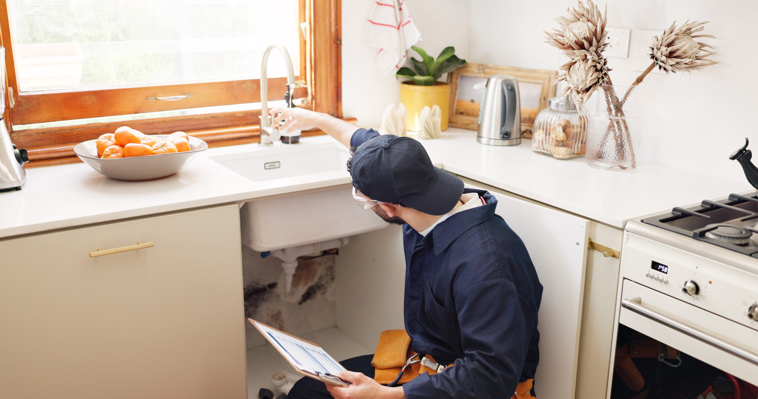 Plumber, house and handyman with clipboard, maintenance and service with expert. Employee, contractor and repair with checklist, apartment inspection or quality control with industry, home renovation or skills.