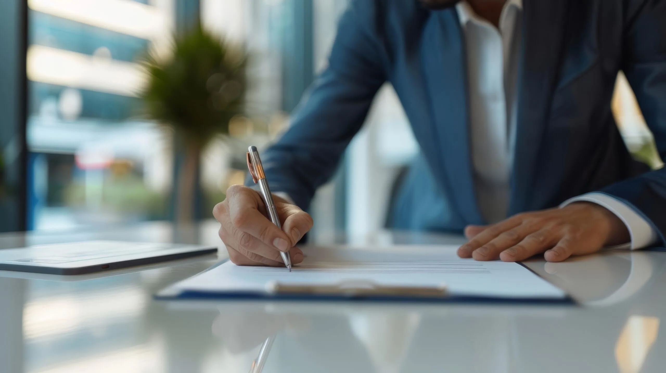 Man in a suit signing a contract in a modern office space