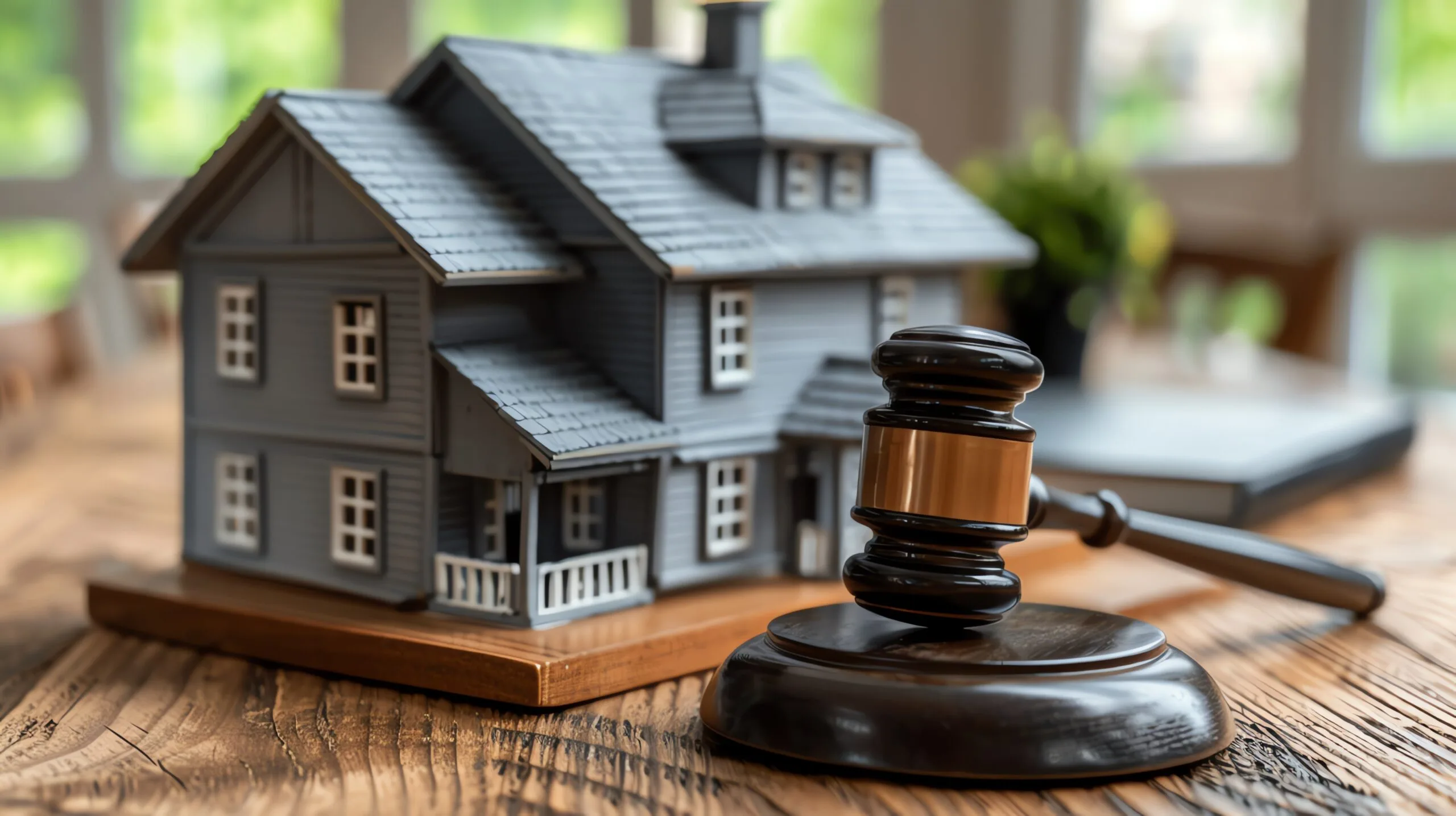 Gavel and model house on wooden table.
