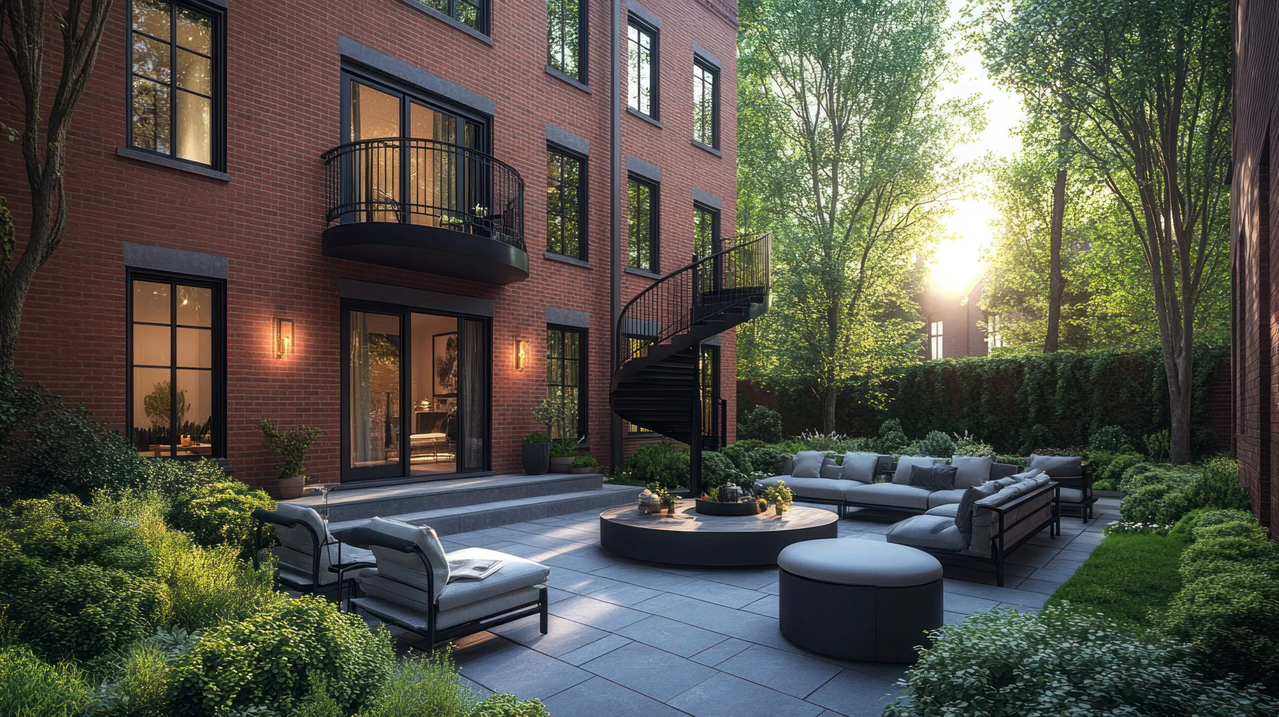 Modern townhouse backyard with patio, spiral staircase, and lush greenery.