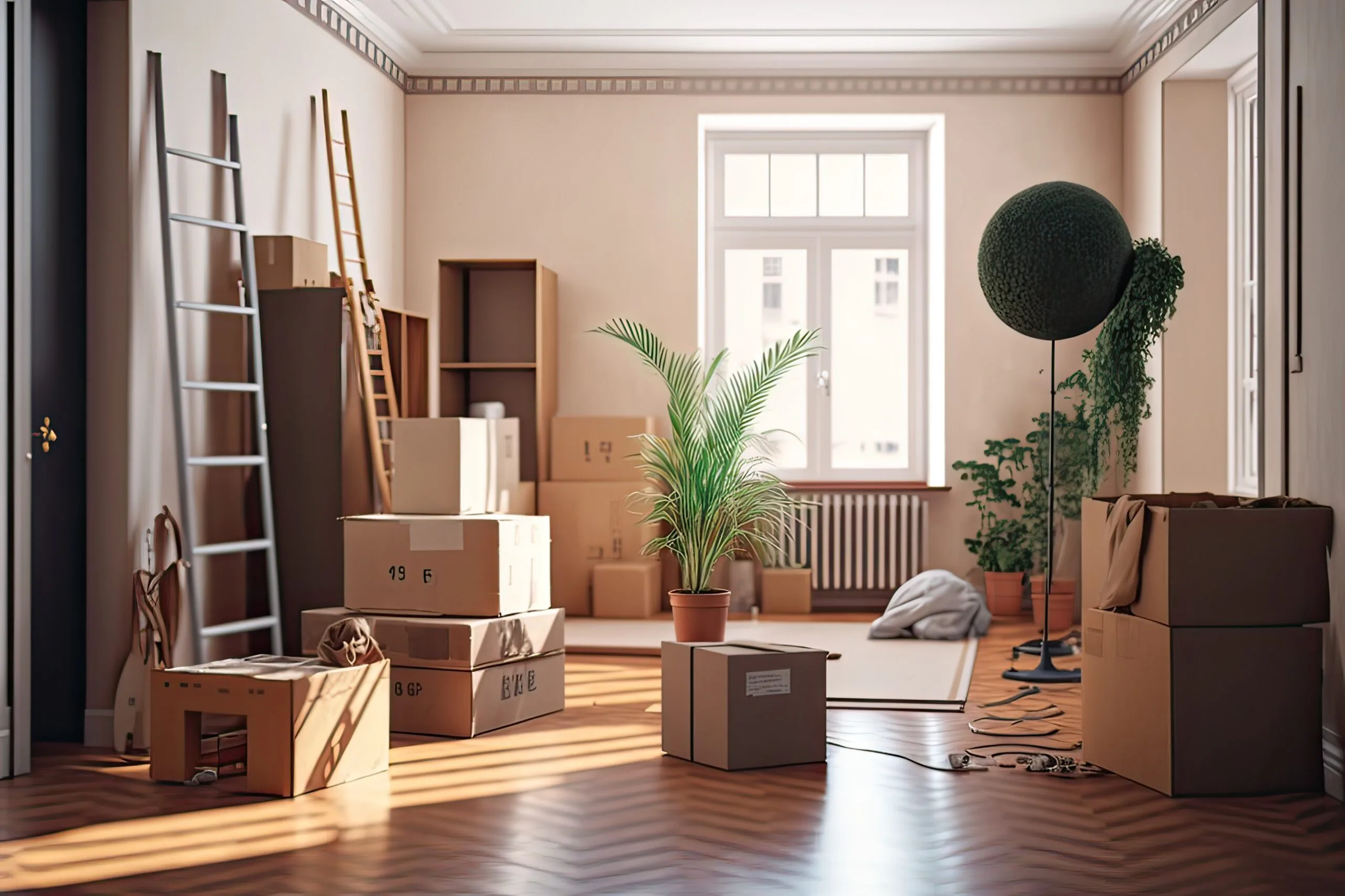 Moving into New Home: Empty Apartment Filled with Boxes and Furniture. 