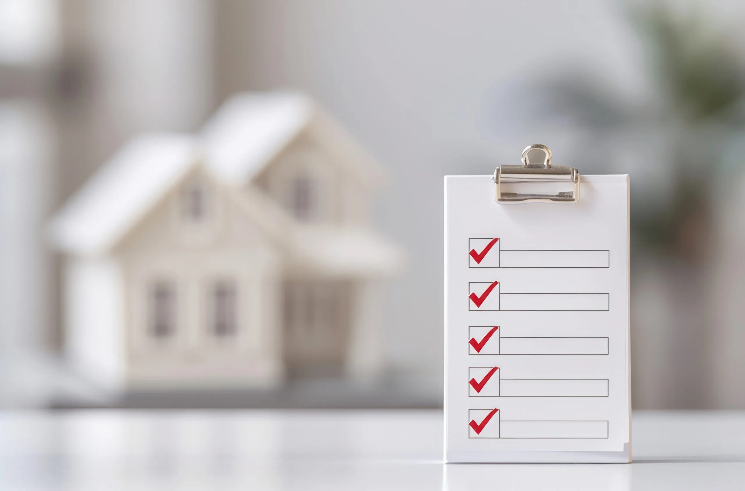 Home inspection checklist with red check marks on clipboard, miniature house model in the background. 