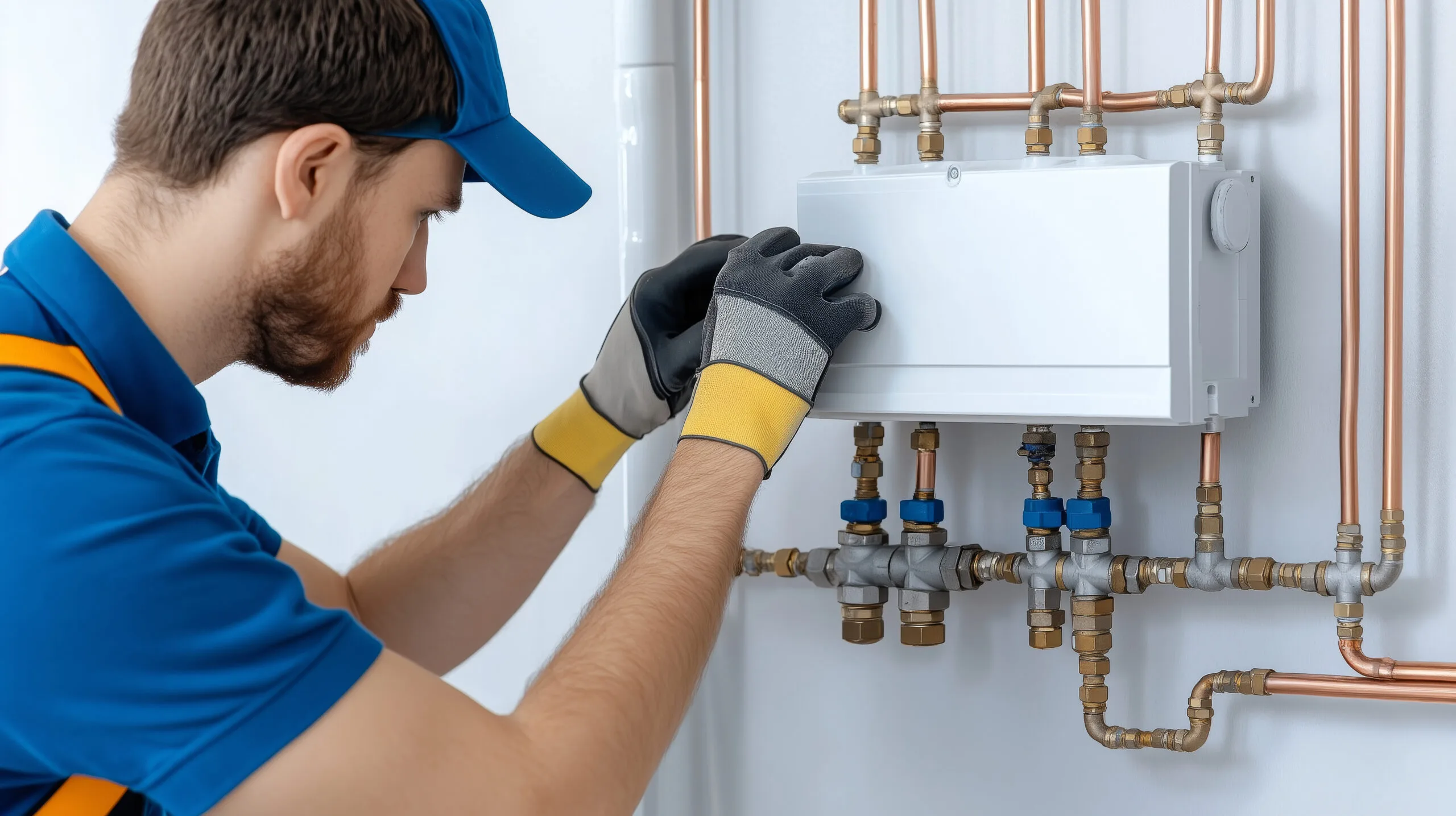 A skilled technician focuses on adjusting the components of a central heating system inside a residential space. The technician ensures everything functions properly for optimal heating.