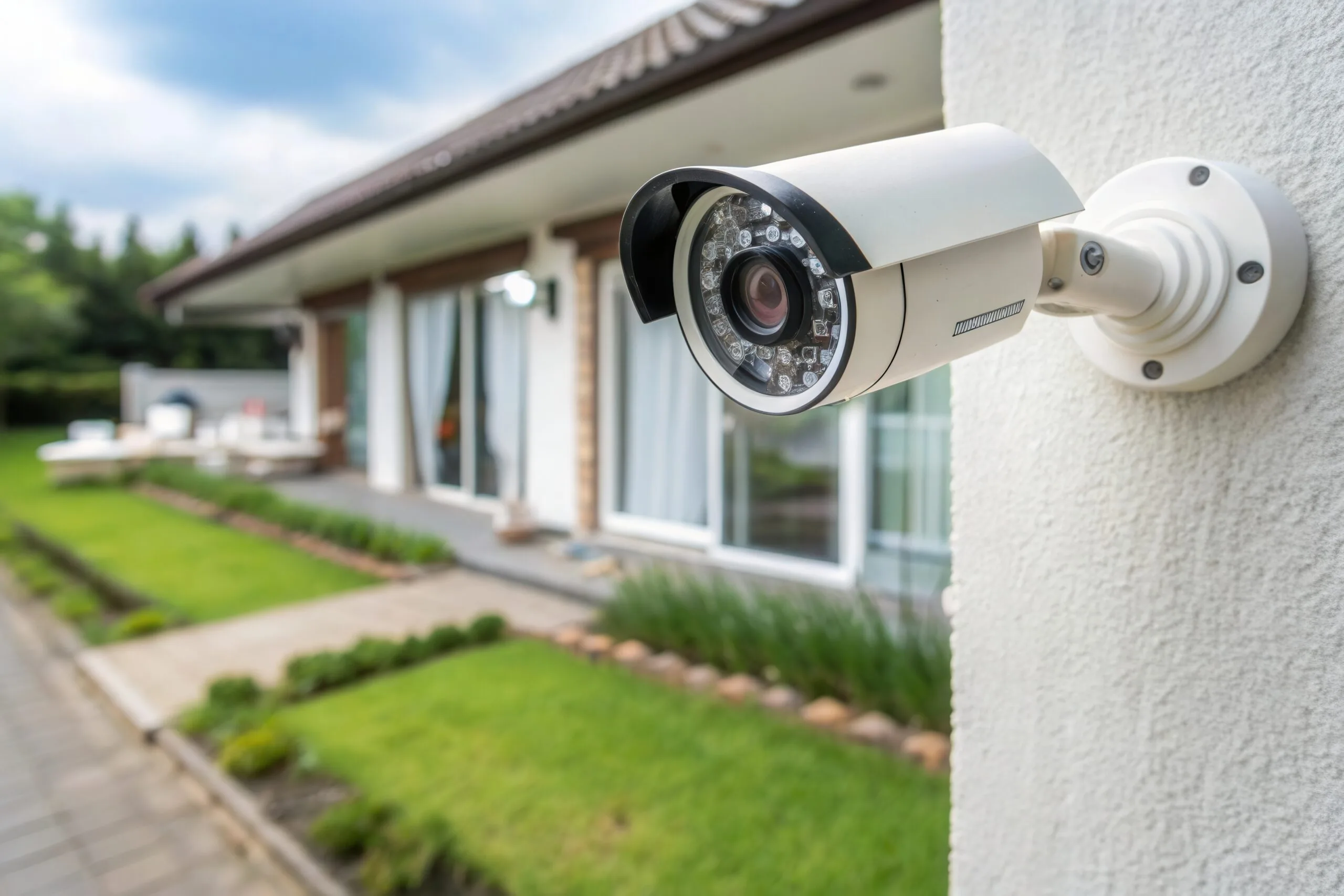 A white security camera is mounted on the external wall of a house.