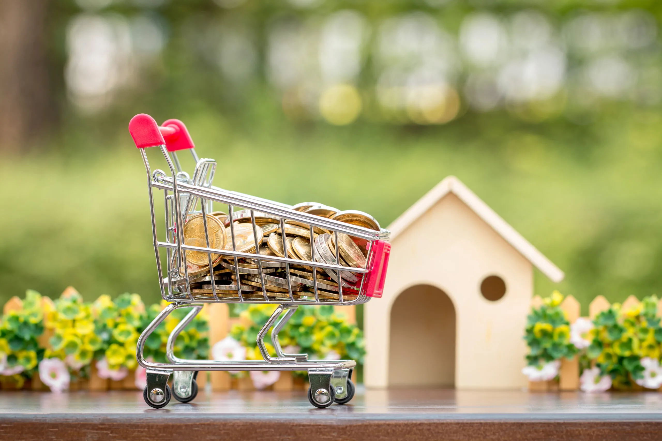 Shopping basket cart and gold coins with growing money and home model put on the wood in the public park, for Do I Need Proof of Income to Renew an Apartment Lease article