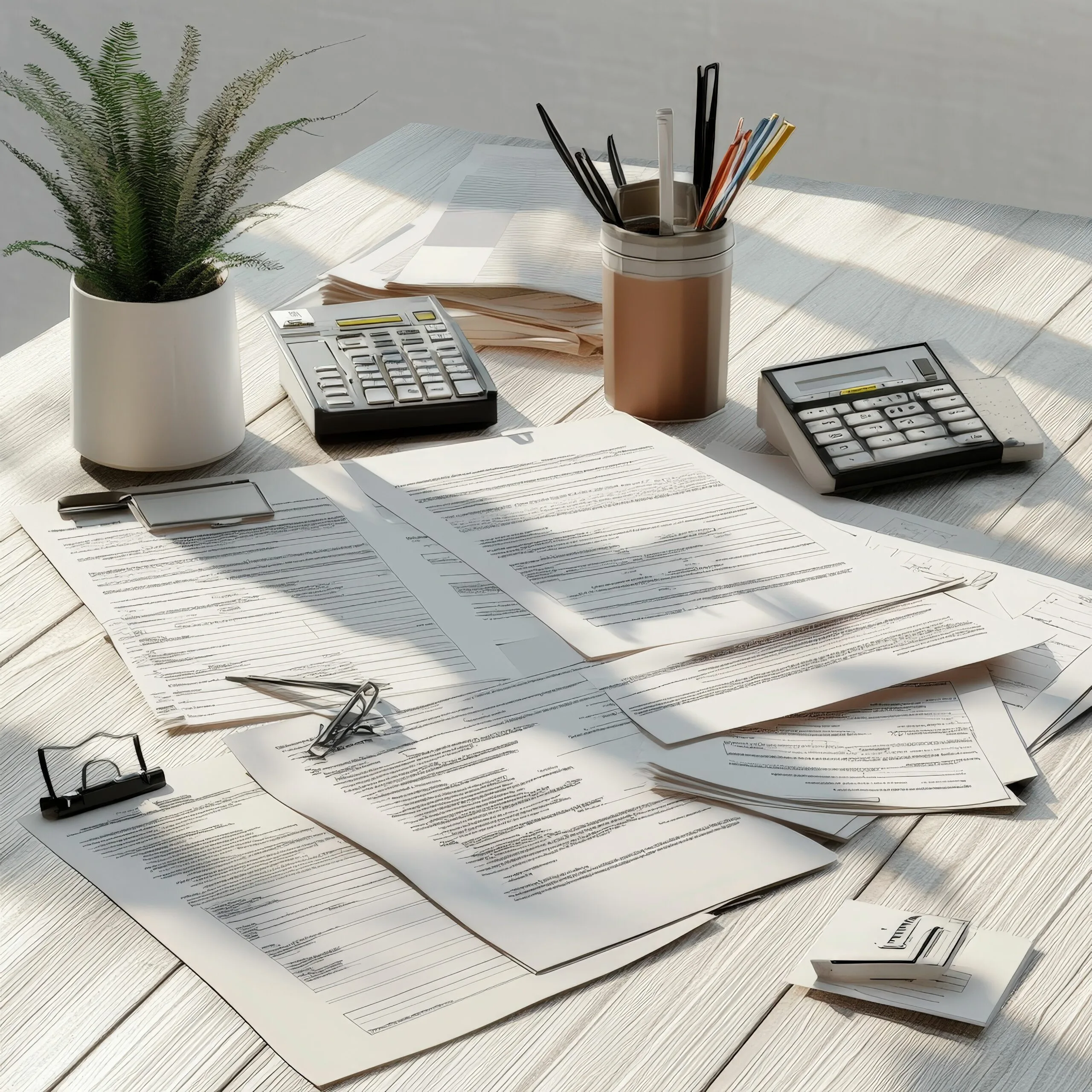 a few calculators, papers, and pens scattered around, including list of questions to ask a landlord before signing a lease