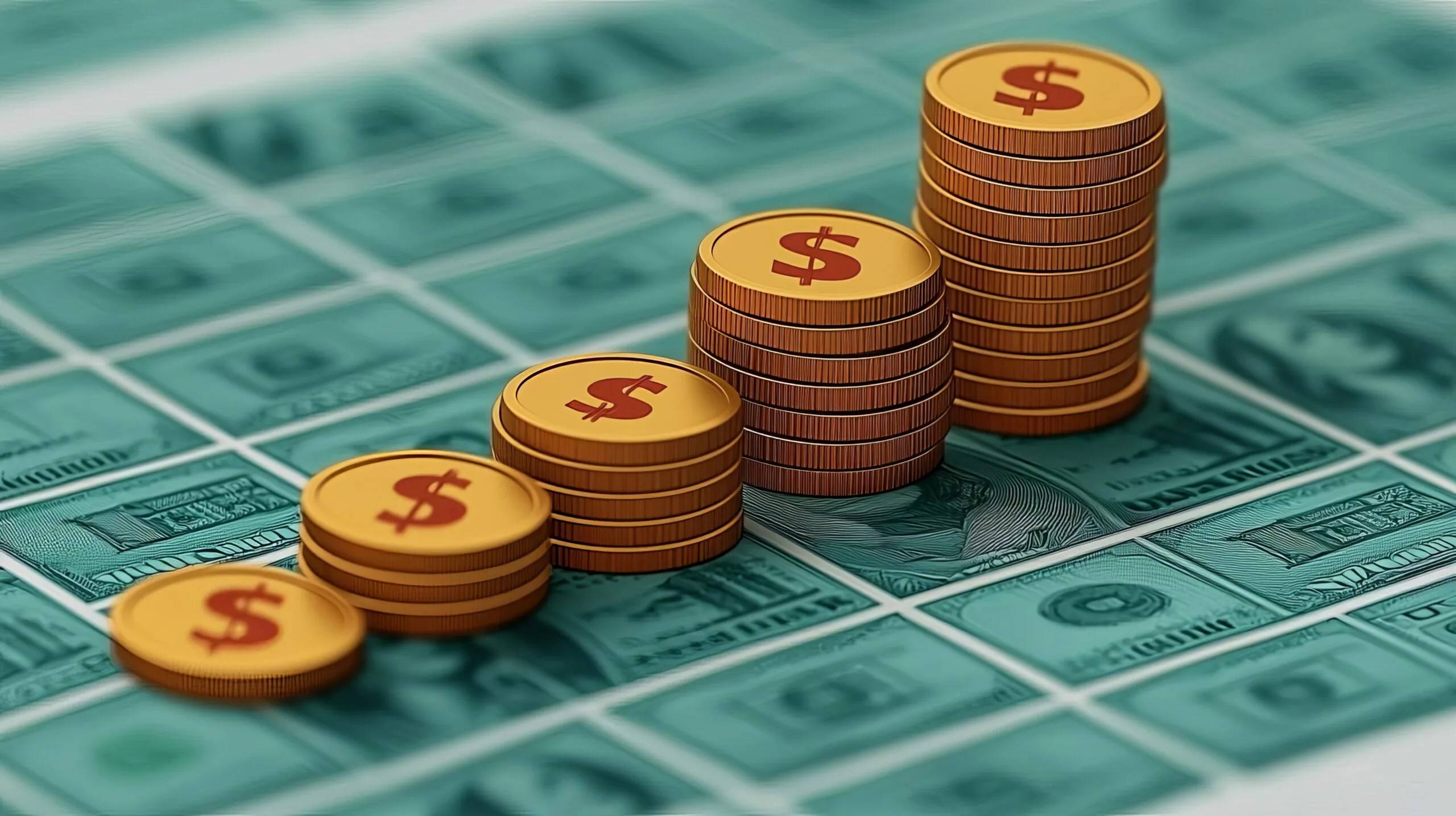 Coins stacked in an ascending order on money.
