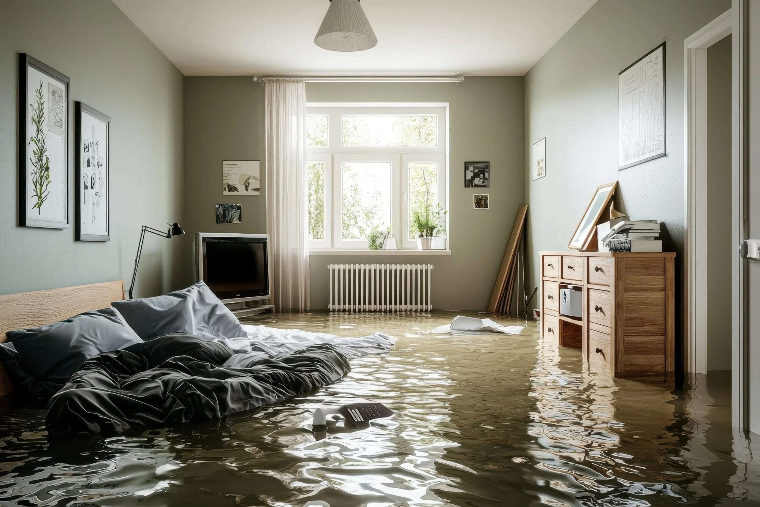 Interior of the apartment affected by extensive flooding.