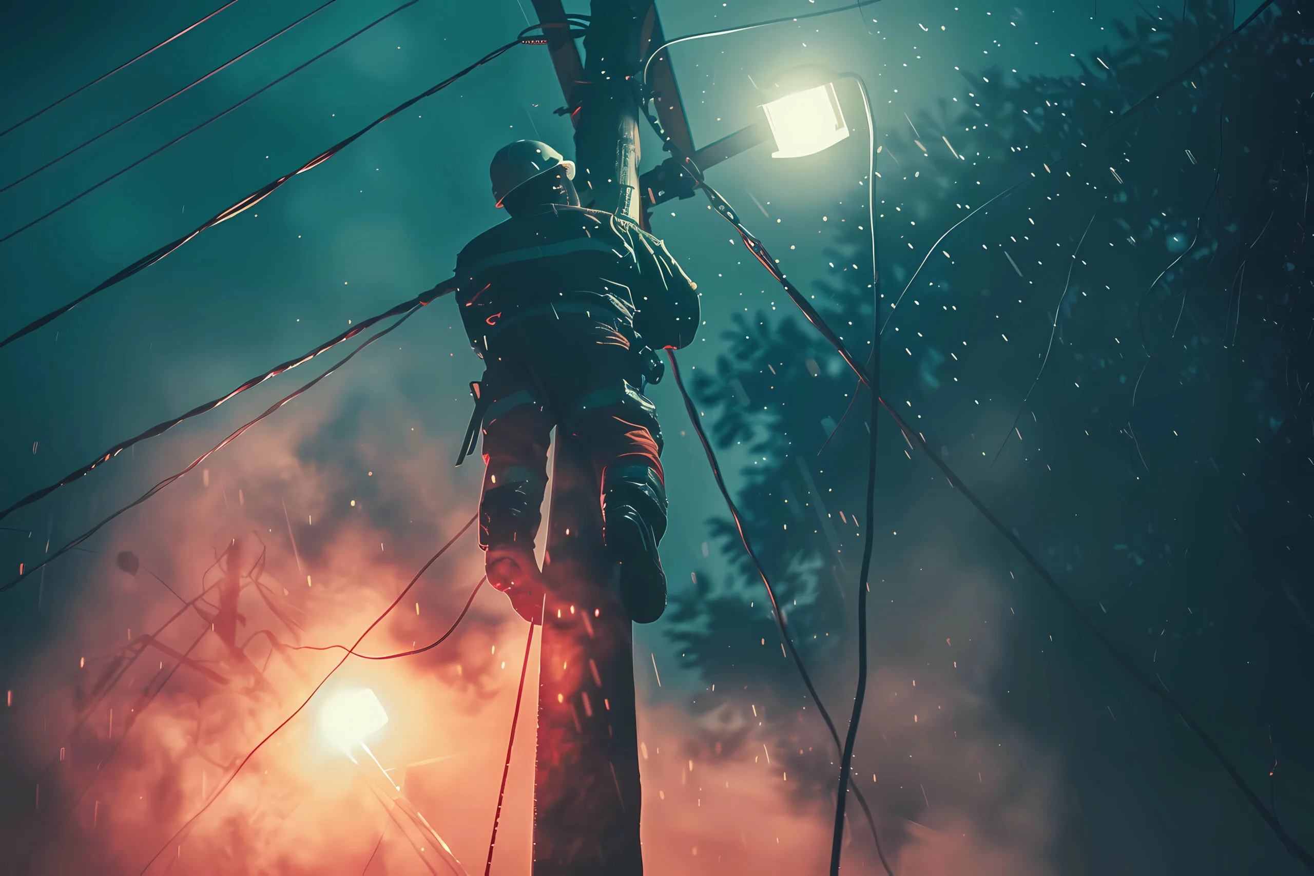 Utility worker climbs a power pole at night during a storm, surrounded by rain, sparks, and emergency lighting. 