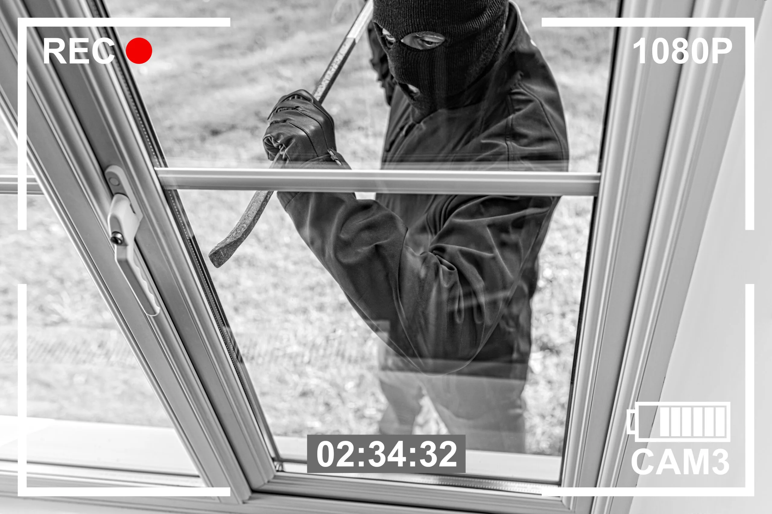 CCTV view of burglar breaking in to home through window 