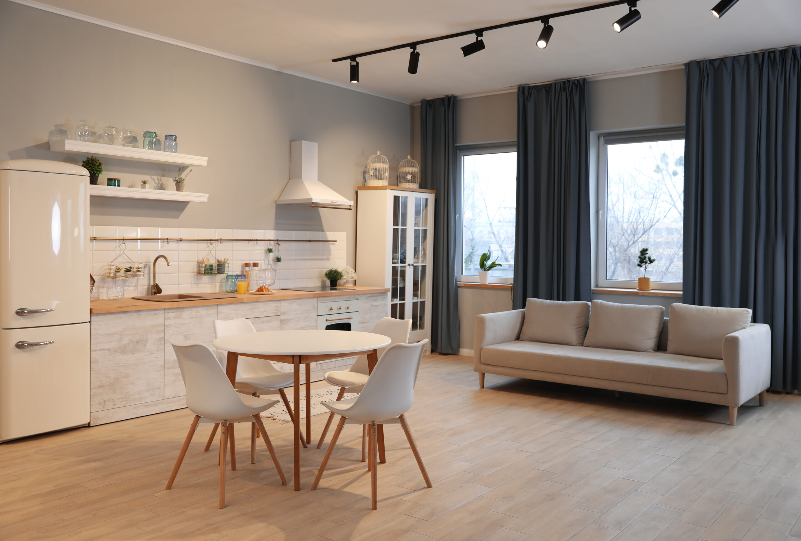 Modern kitchen interior fully furnished apartment 