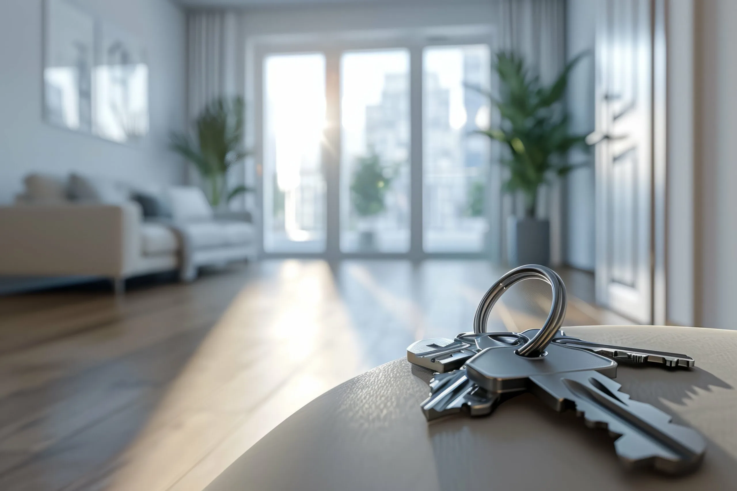 Keys on a table with a blurred modern living room background.