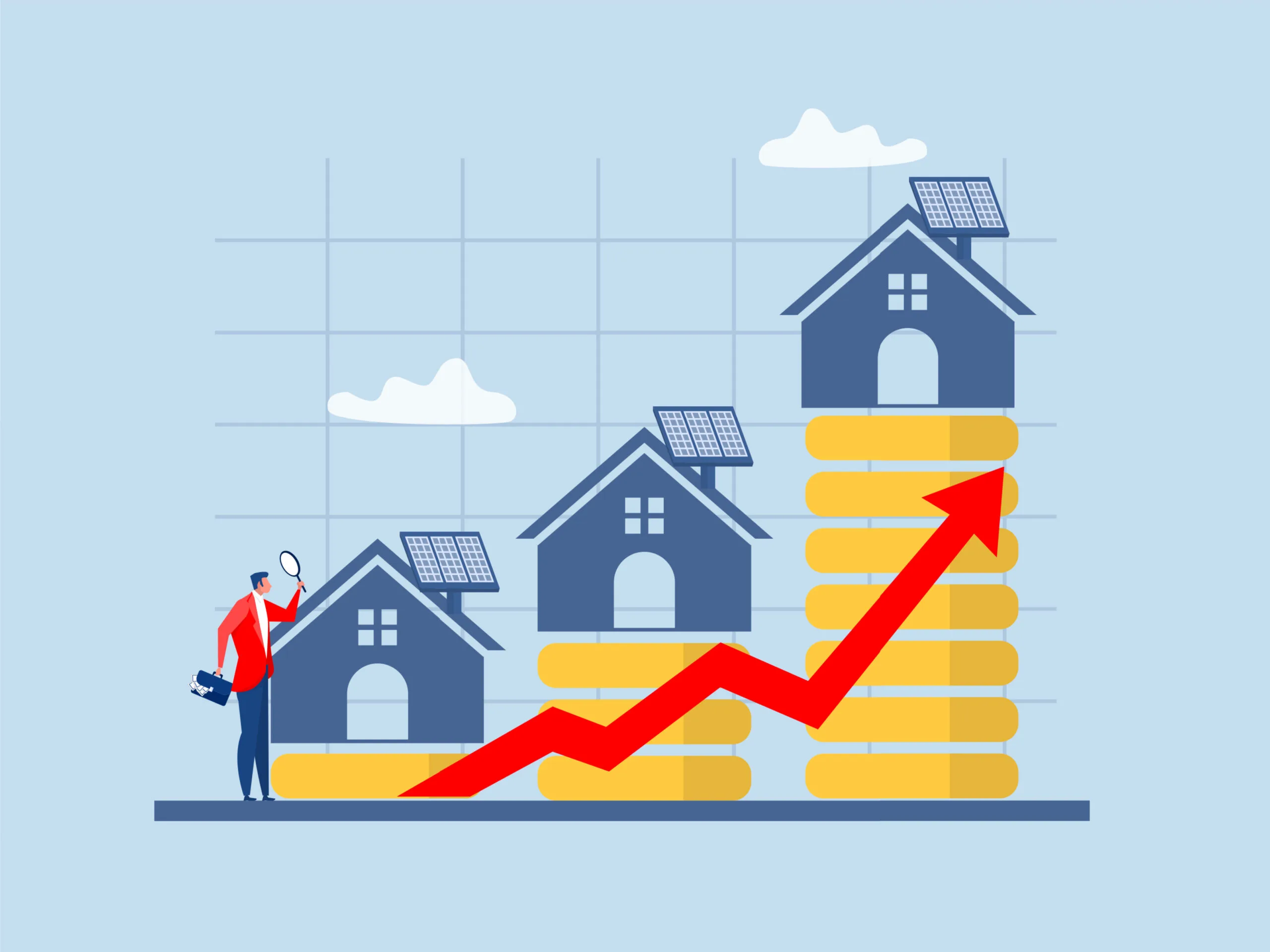 3 cartoon houses with a red arrow going upwards