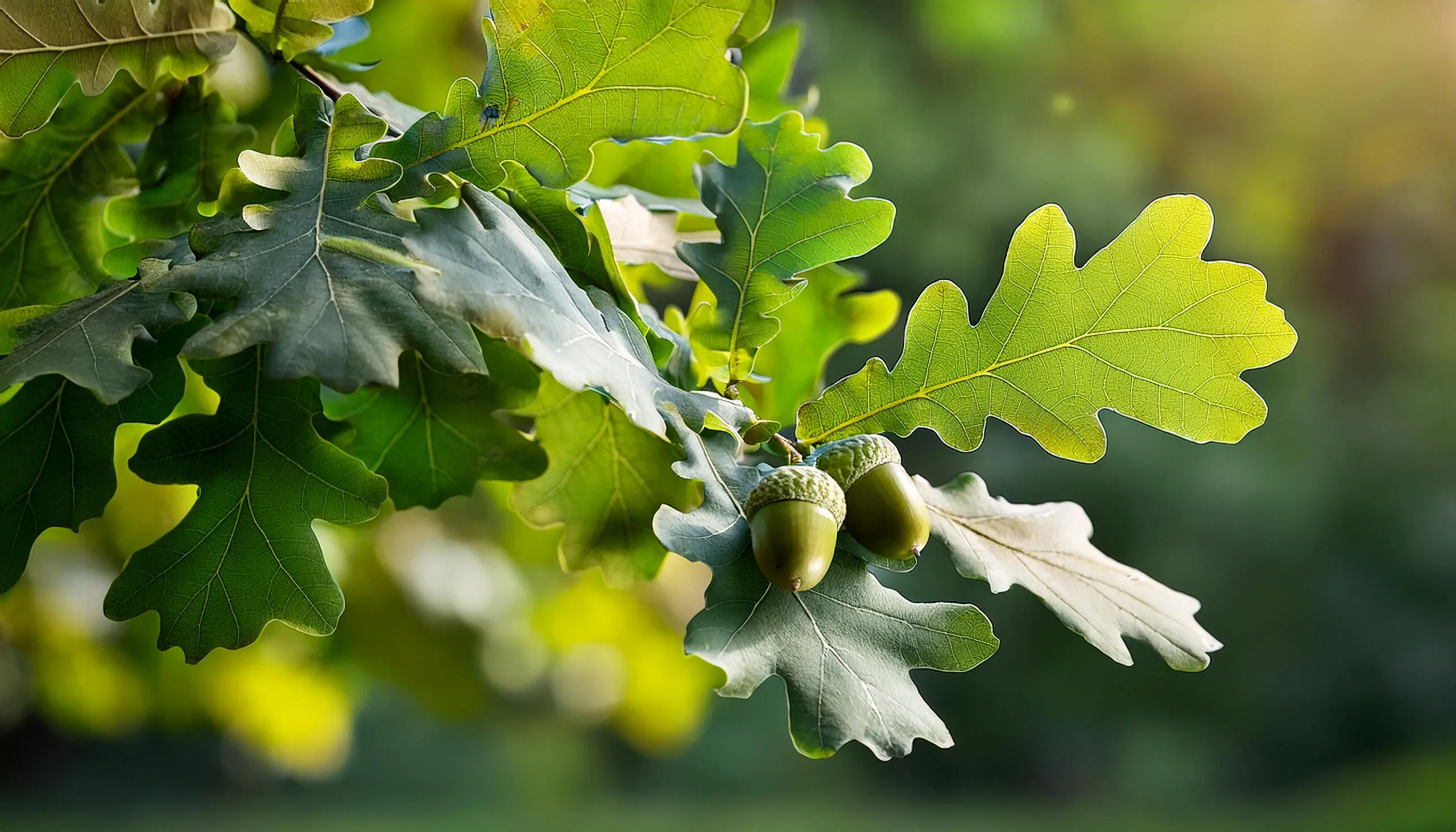 Close up green leaves of oak tree with acorns in park. Stunningly beautiful tree branch foliage. Tranquil scene, reconnection with natures beauty. Beautiful woods, forest natural outdoors environment.