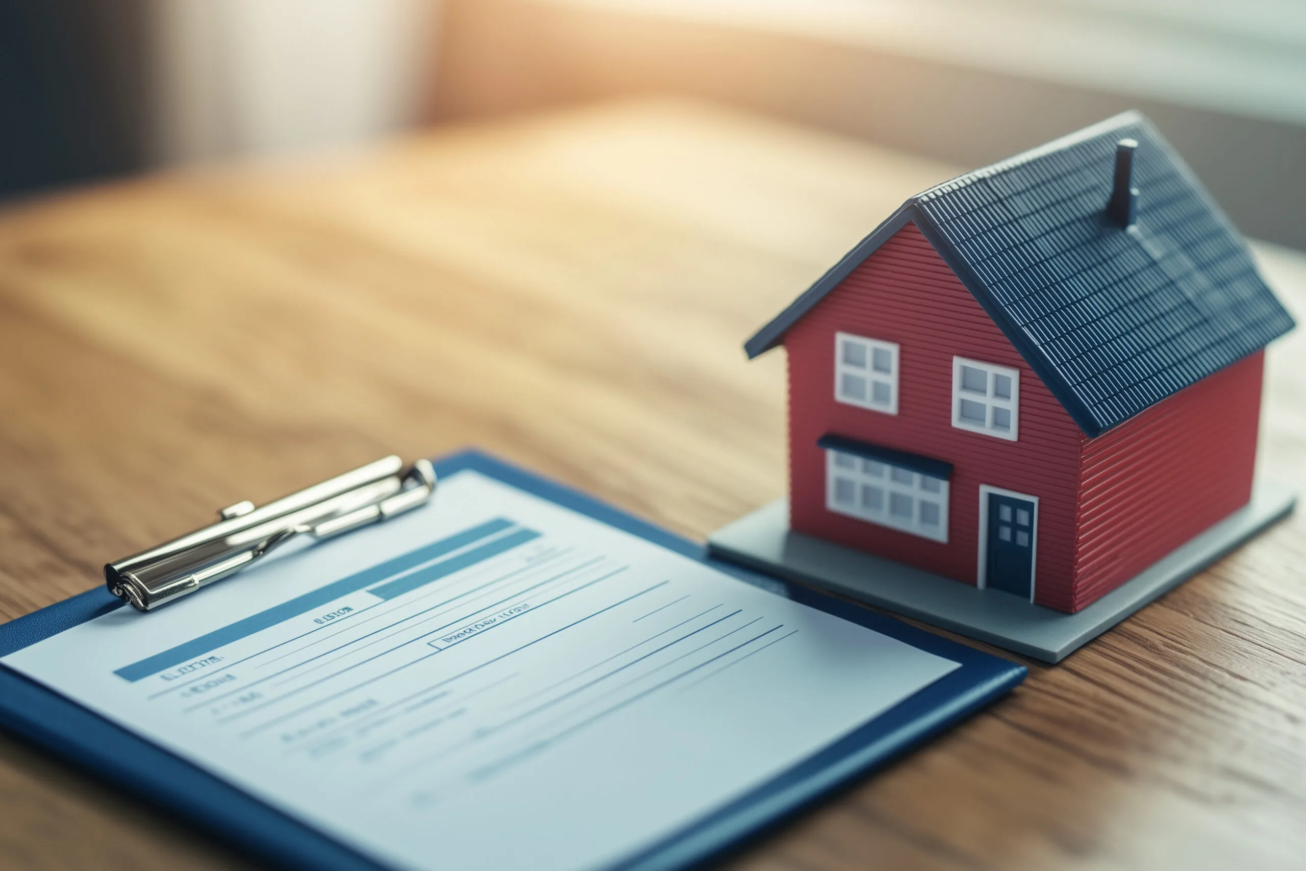 A mortgage concept illustration showing a clipboard with a home inspection checklist and a small house model with copy space. Soft light. Minimal desk background.