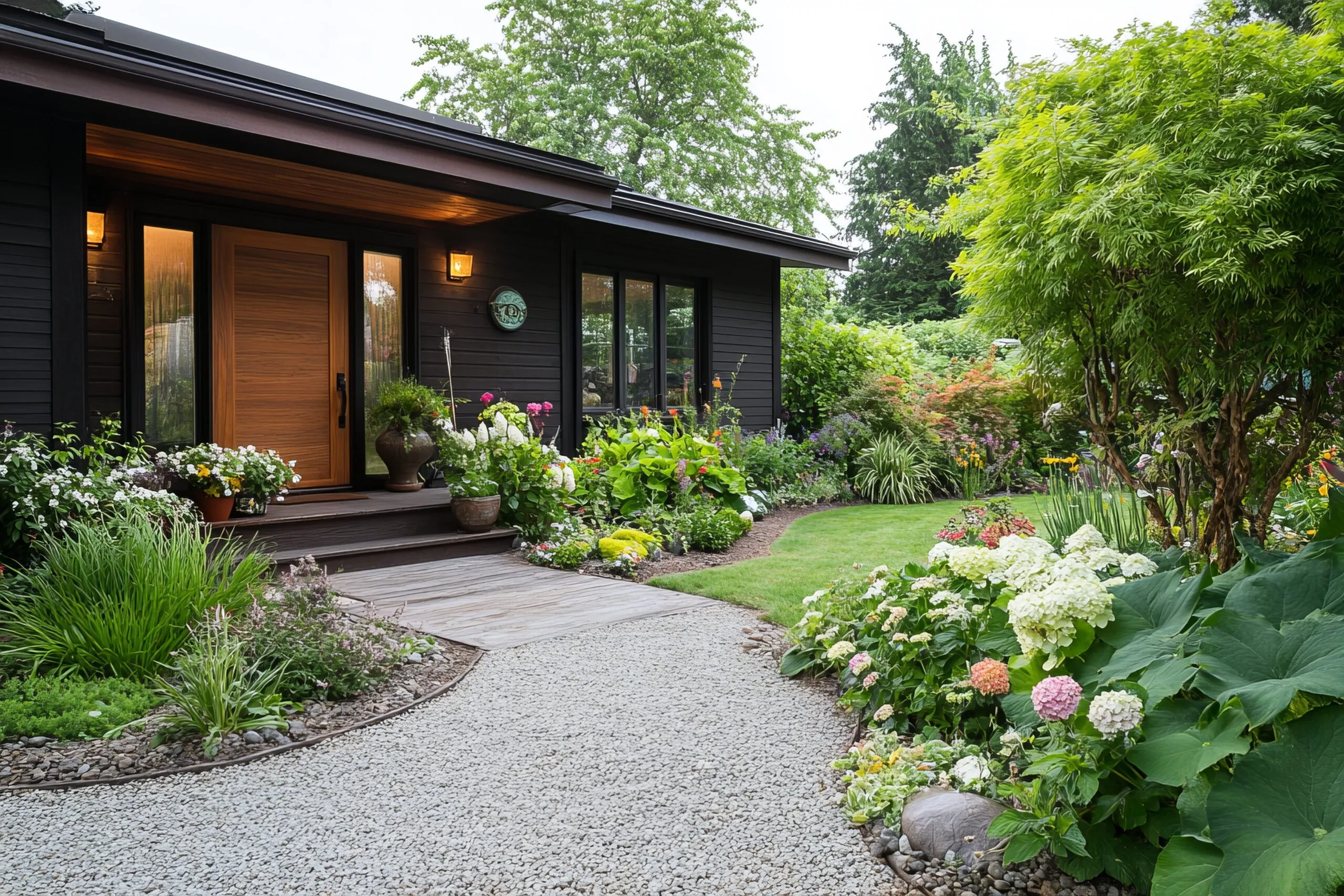 xeriscaped lawn with lush bushes all over lawn