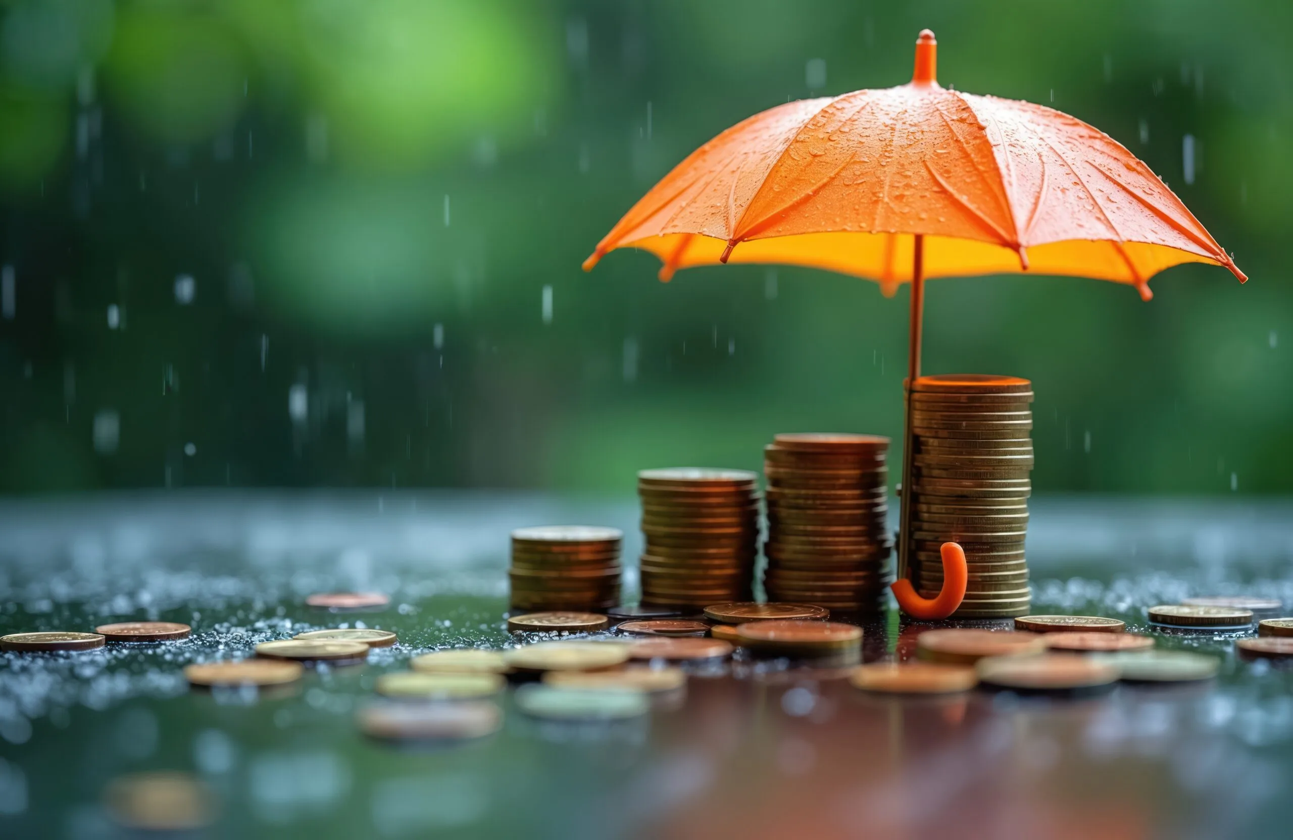 Orange umbrella protects coin stacks from rain, financial protection. Investment security, wealth, economy stability. Safety planning for retirement in future. 