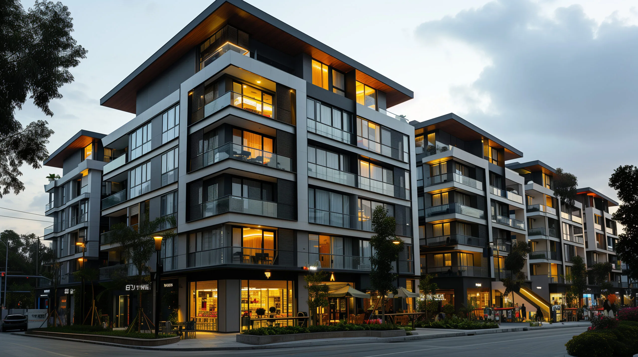 Modern apartment building situated in a bustling urban area, street-level shops and cafes, vibrant city life, dynamic and energetic scene