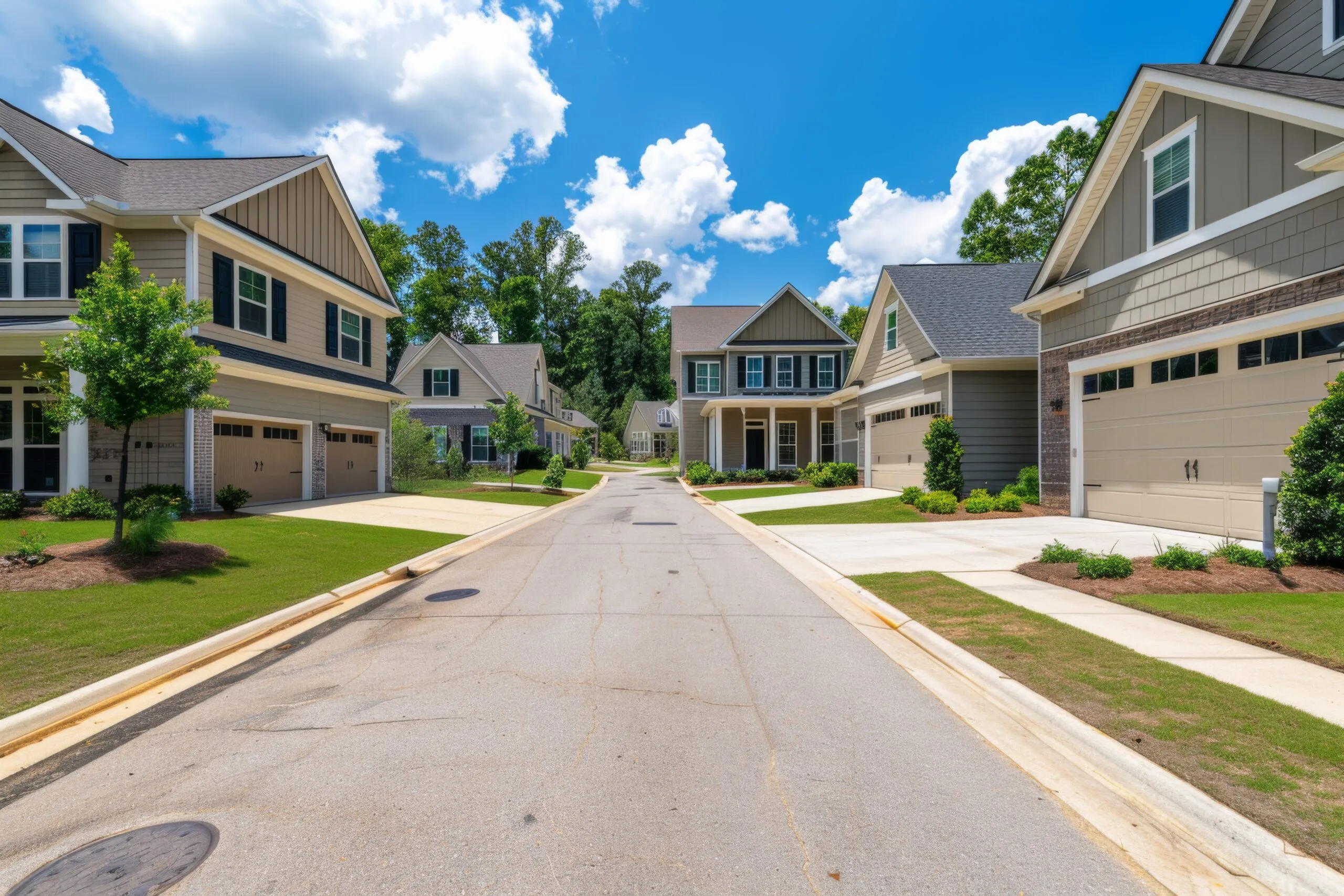 A peaceful suburban street showcases new two-story homes with garages, well-kept lawns, and a brilliant blue sky above, creating a serene atmosphere.
