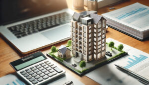 a model of an apartment building next to a laptop
