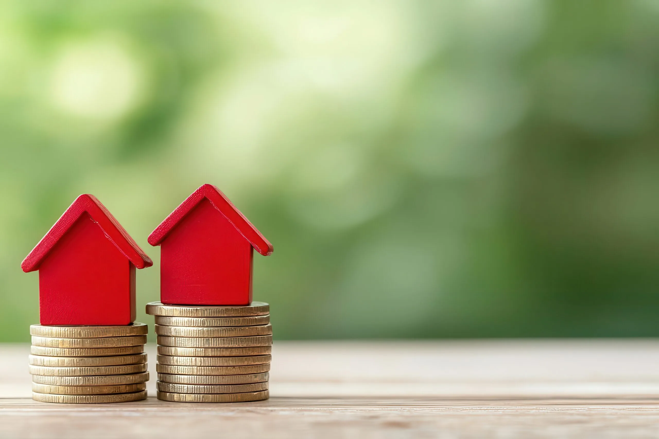 little red wooden houses on top of coins