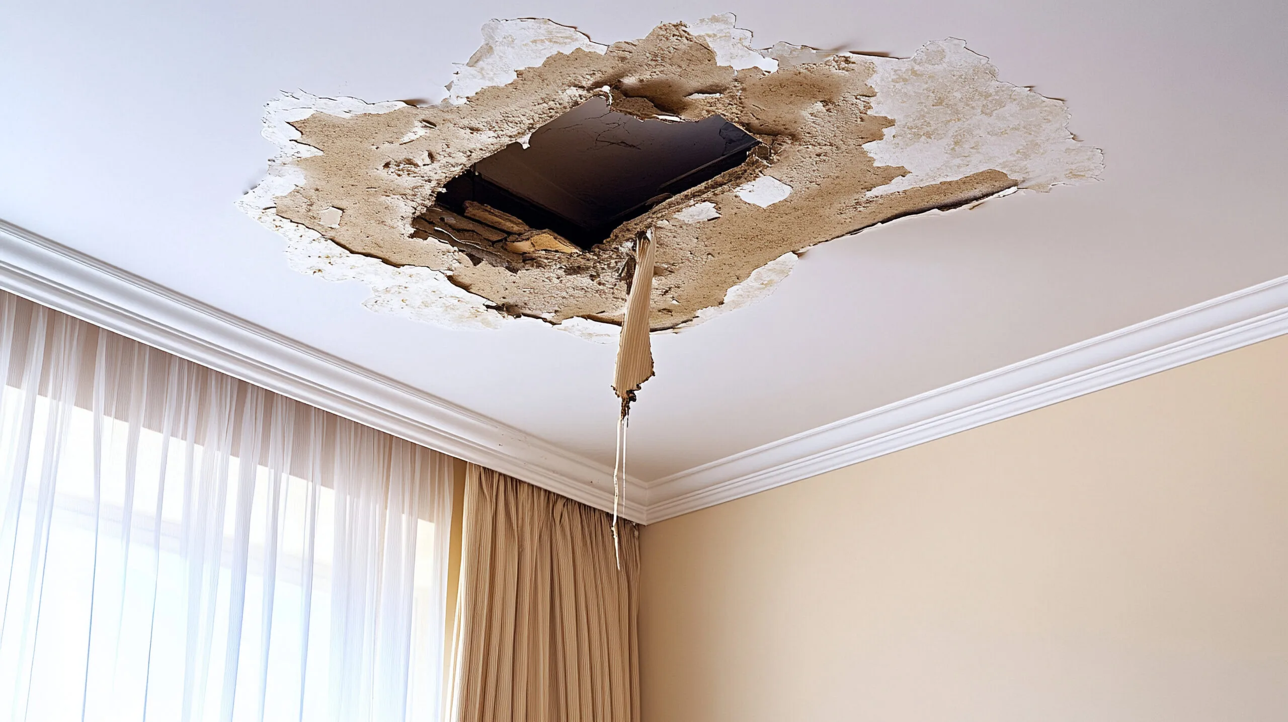 Water damage repair, showcasing a damaged and stained white ceiling with visible water marks and peeling paint, indicating the need for restoration 
