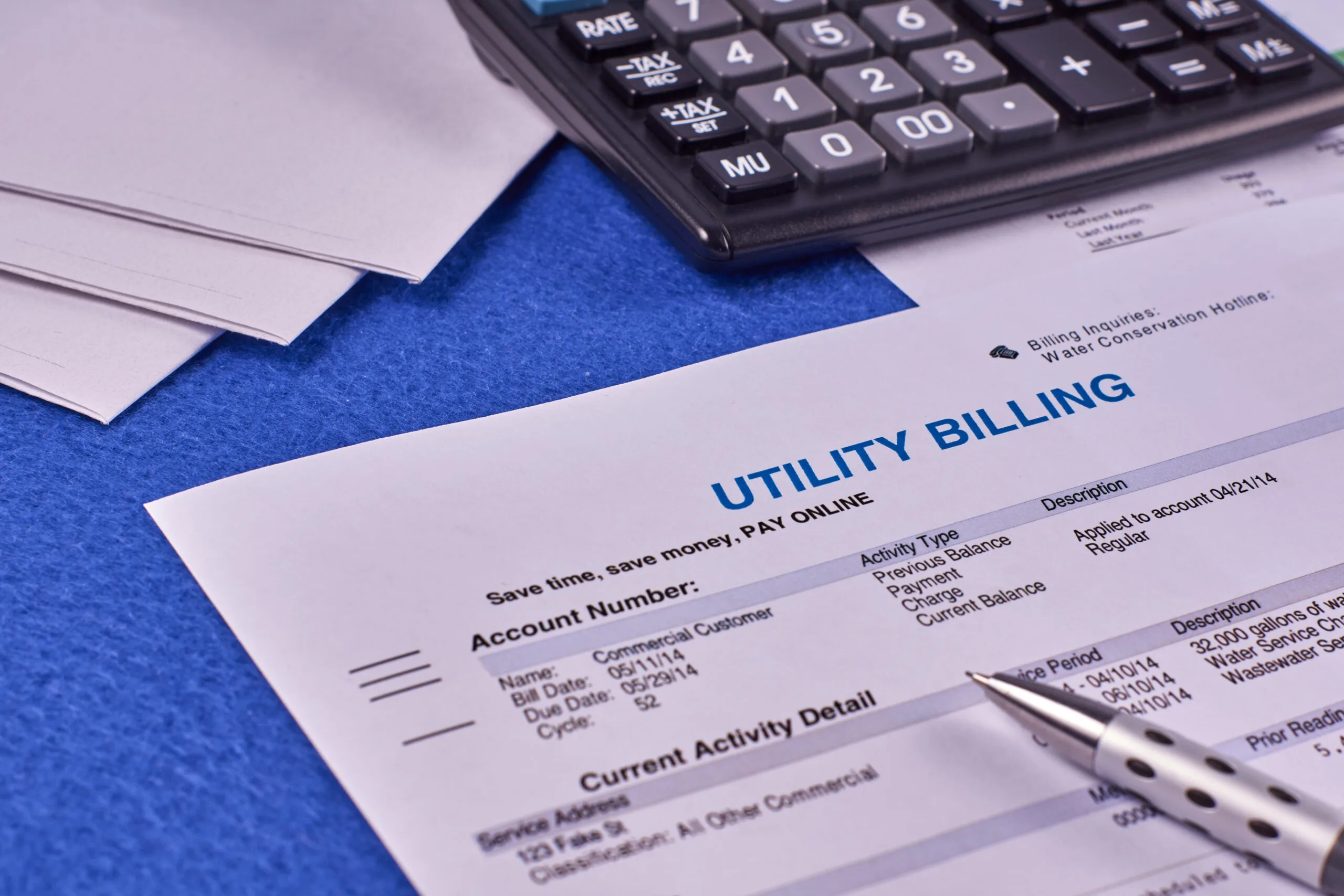 paper called "utility billing" next to a calculator
