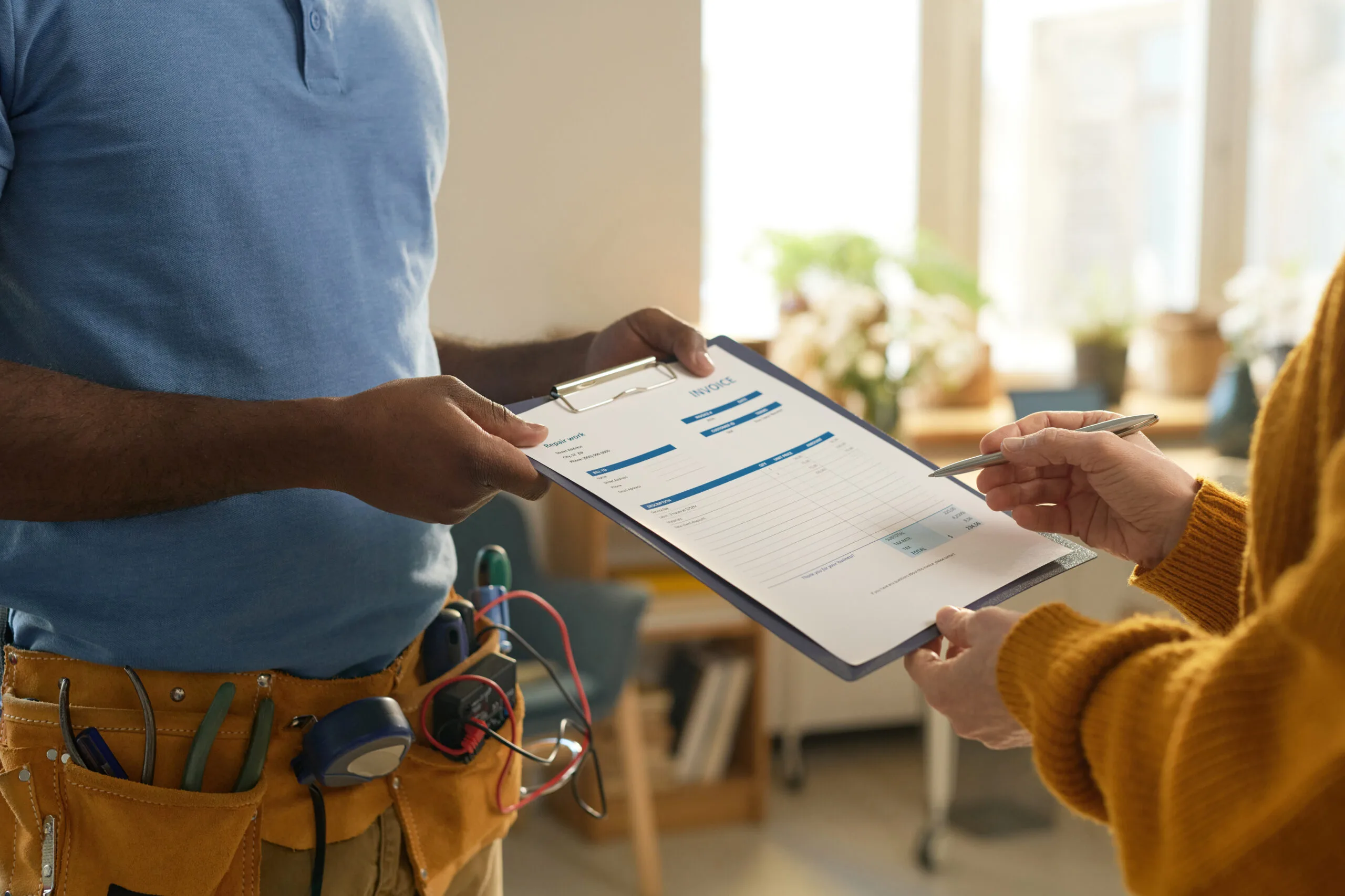 Side view closeup of unrecognizable man with toolbelt handing clipboard to client signing contract for home repairs services