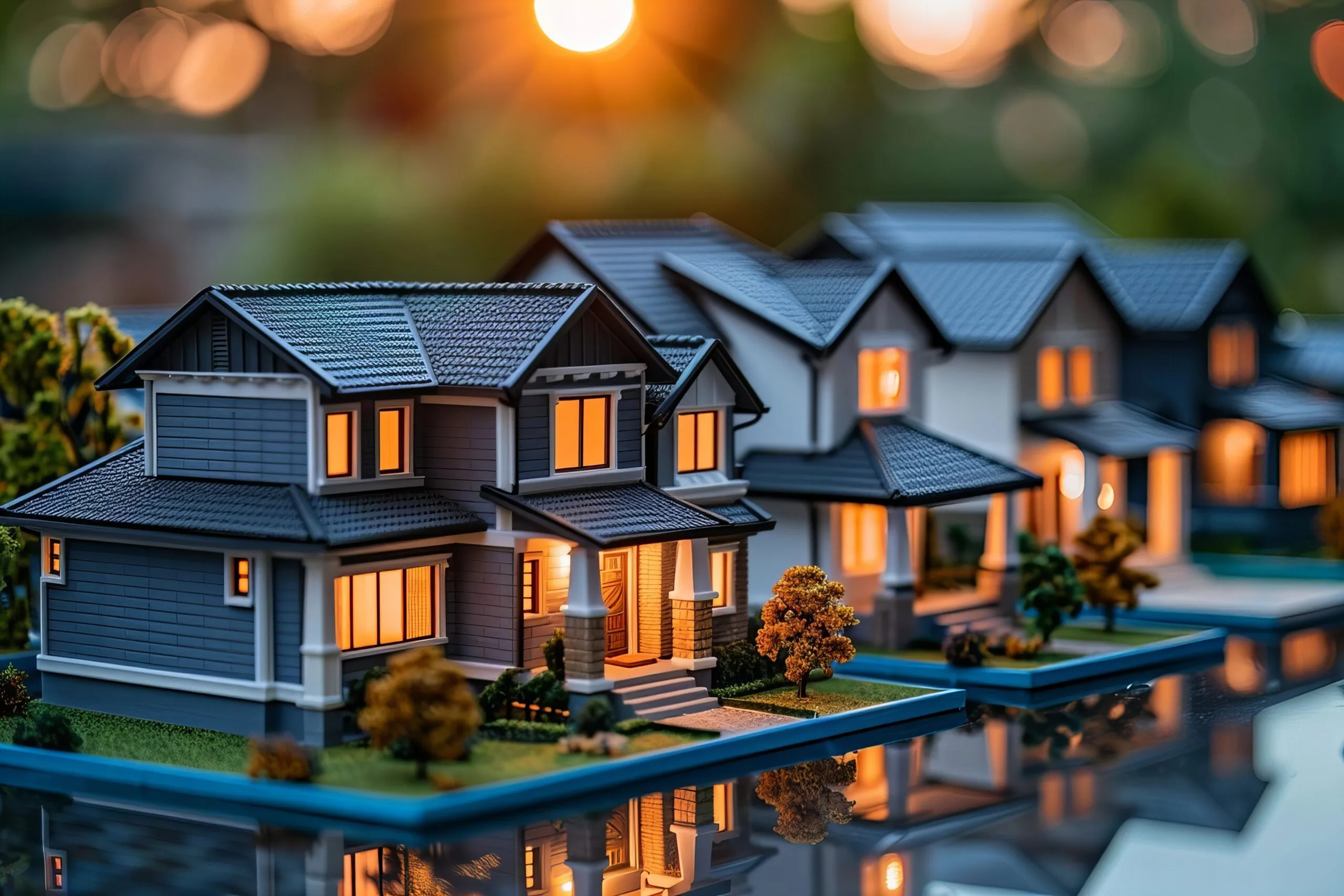 Display of House Models on Blue Cubic Blocks in a Reflective HOA Office