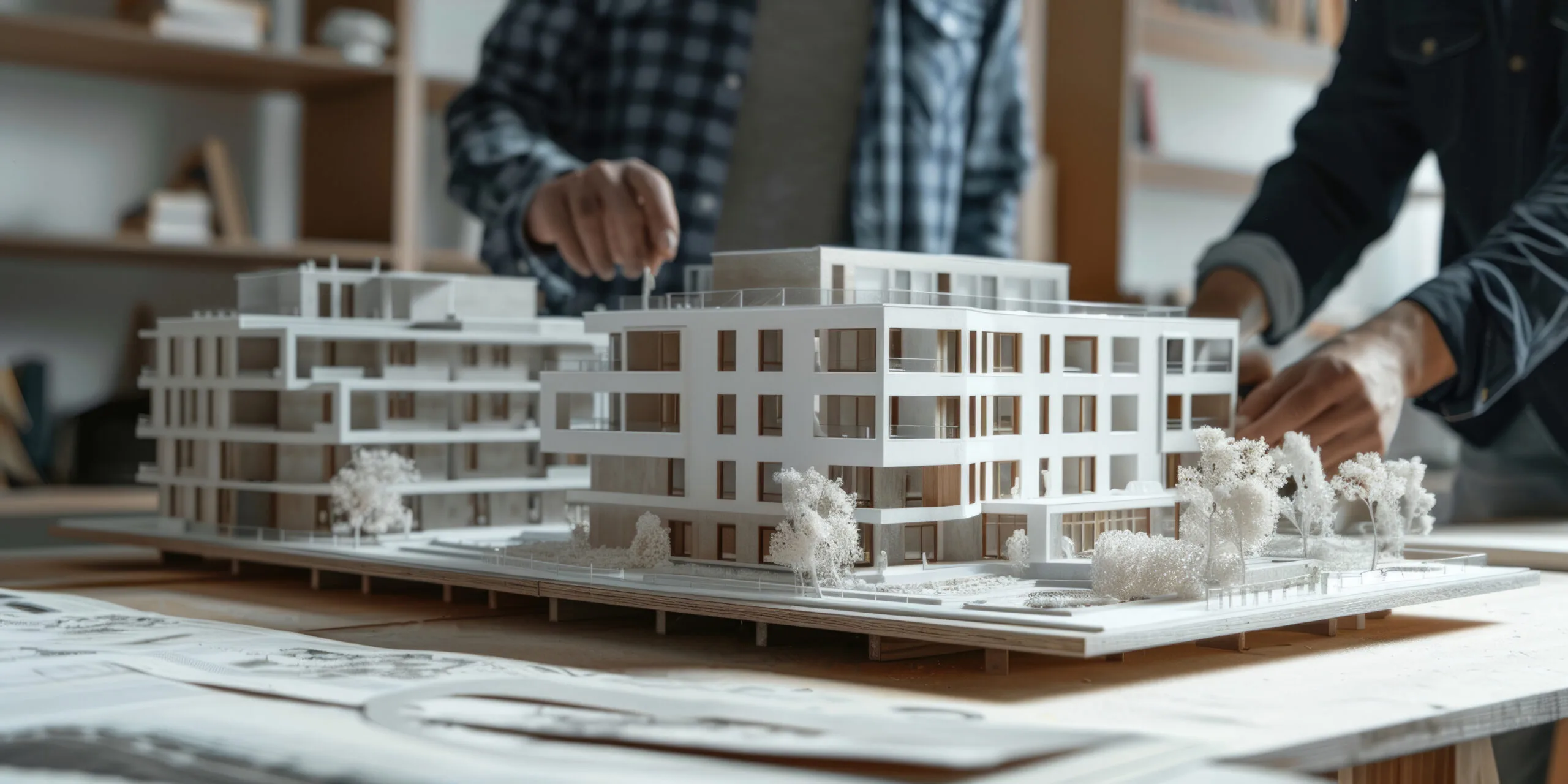 a team of architects is working on a layout of a modern residential complex on a table, a multi-storey building construction project, an office of an architectural company