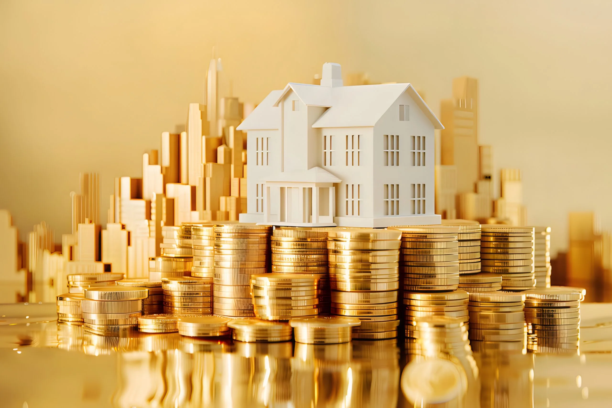 a tower of golden coins with a house on top of it