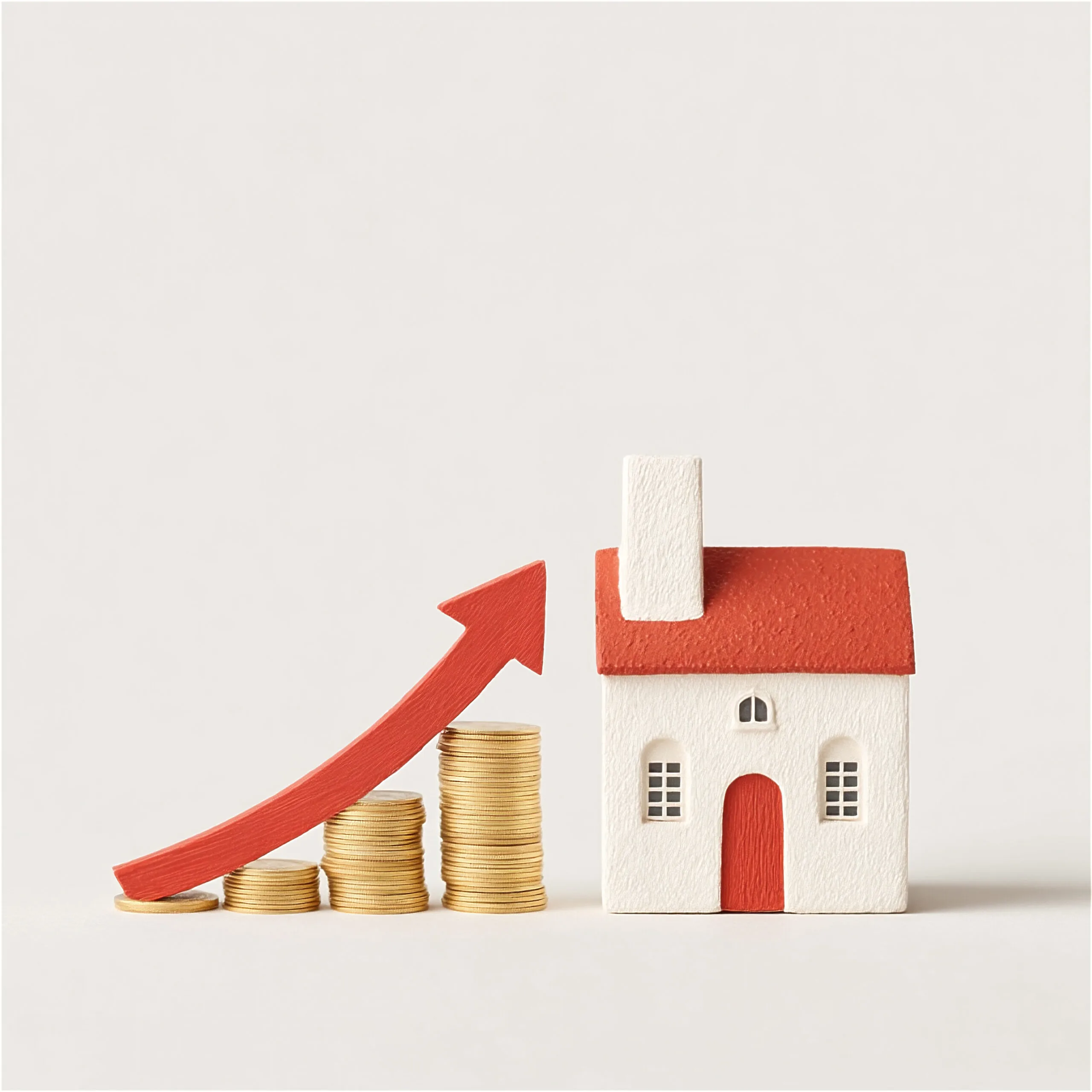 A wooden house model painted in red and white stands next to stacked gold coins, illustrating an upward trend in real estate value and investment growth.