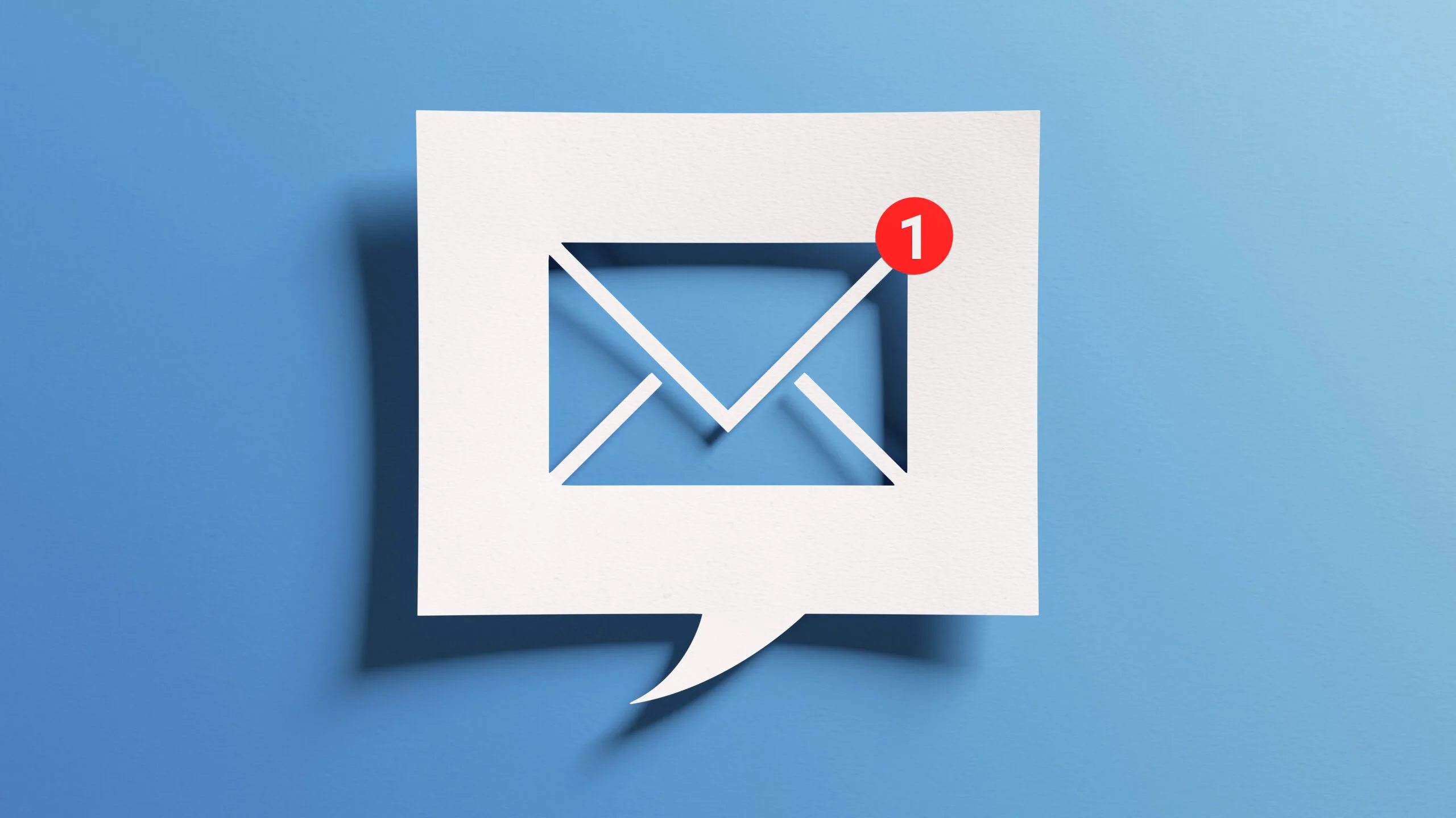 Inbox receiving electronic message alert. Abstract minimalist design with cutout paper and blue background.