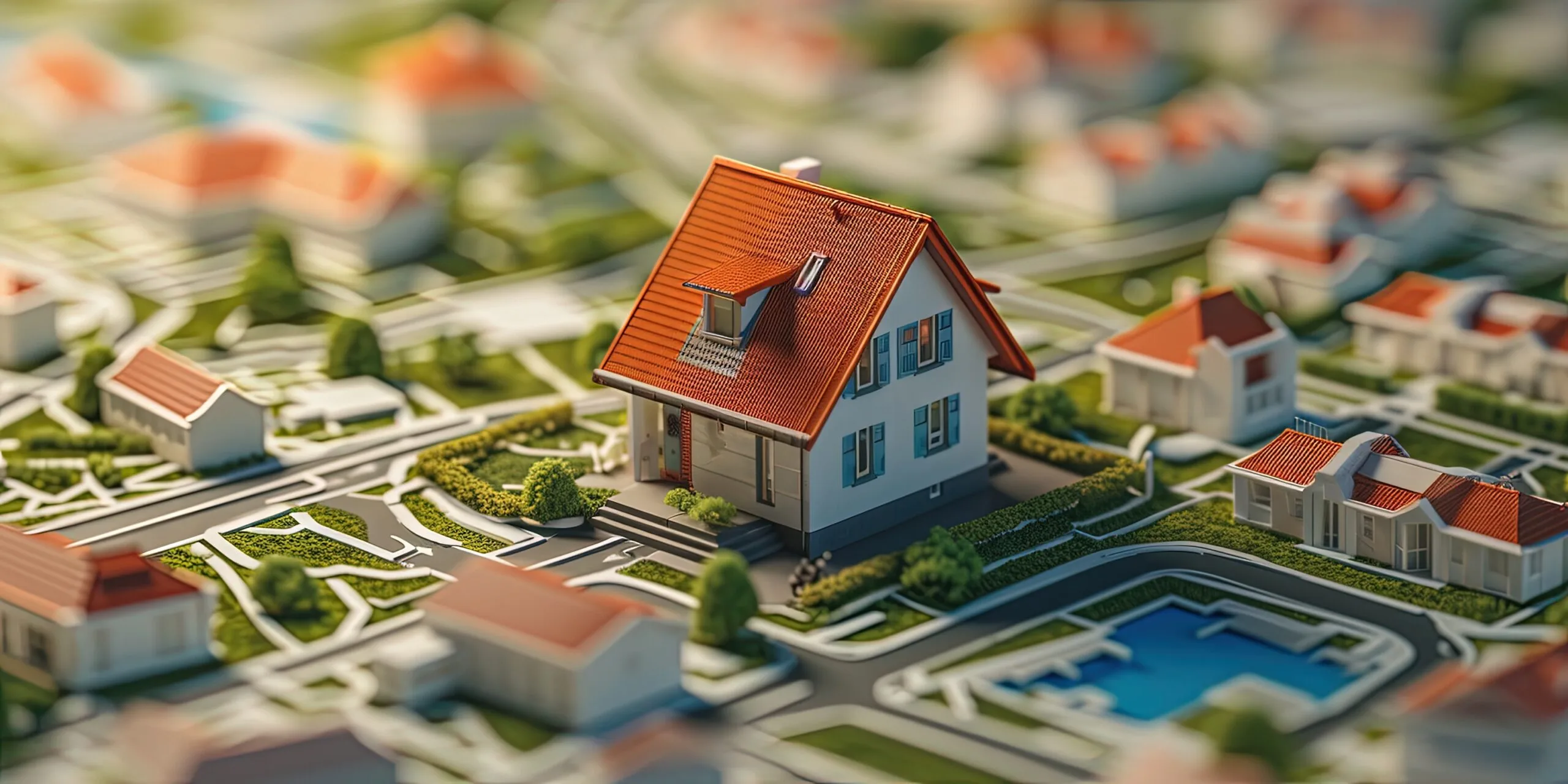 Toy house on map. Miniature plastic dwelling in residential neighborhood.