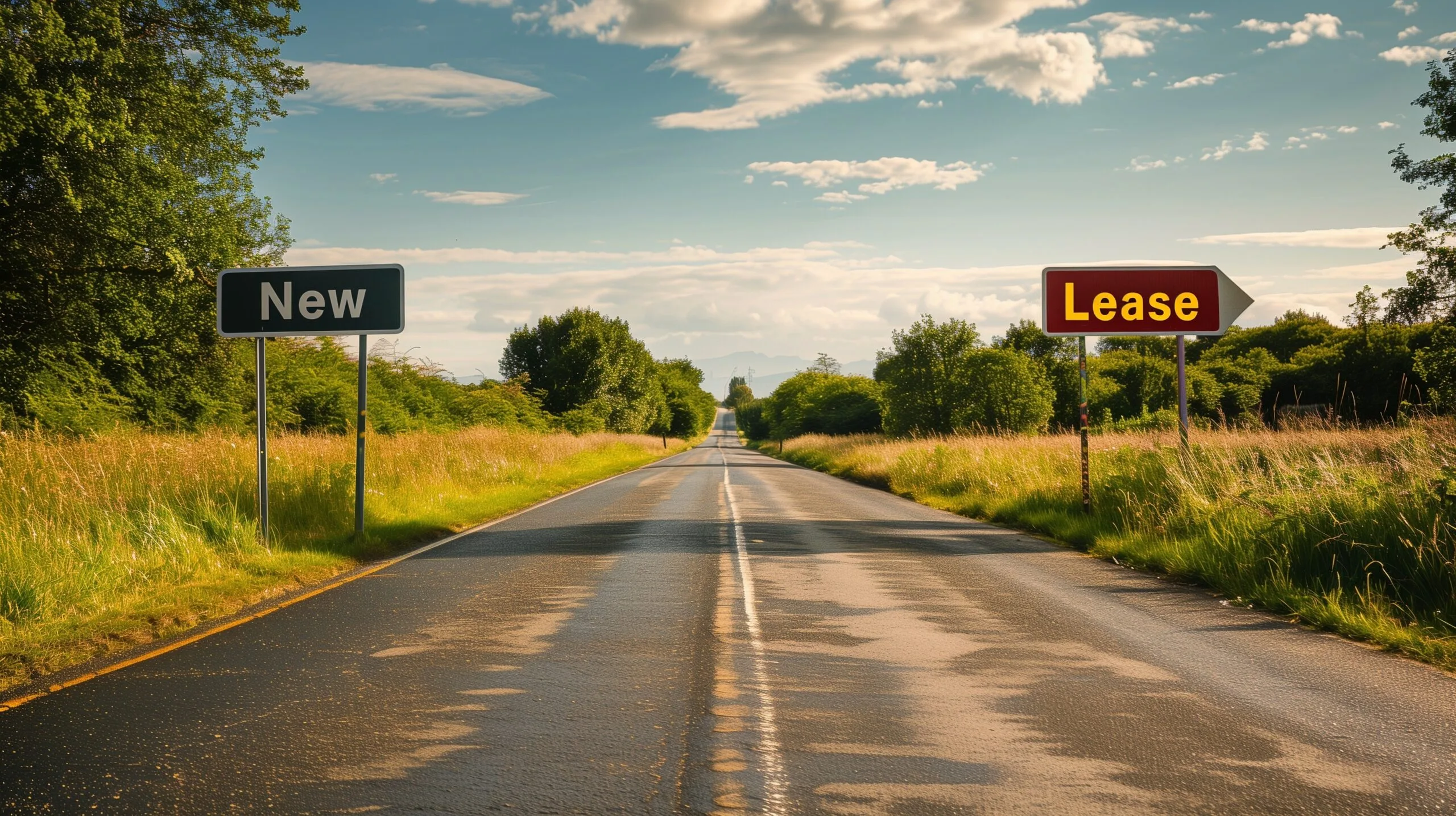 two sides of the road with two different signs "new" and "lease