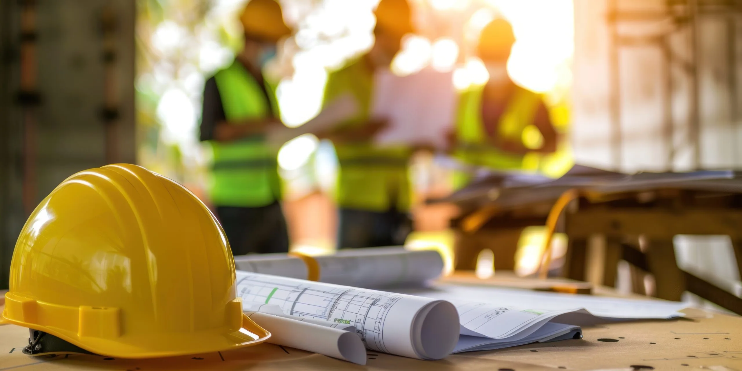 High-resolution stock photo of an engineer's yellow helmet and blueprints on the table, with construction workers in green safety vests holding paper documents blurred in the background,