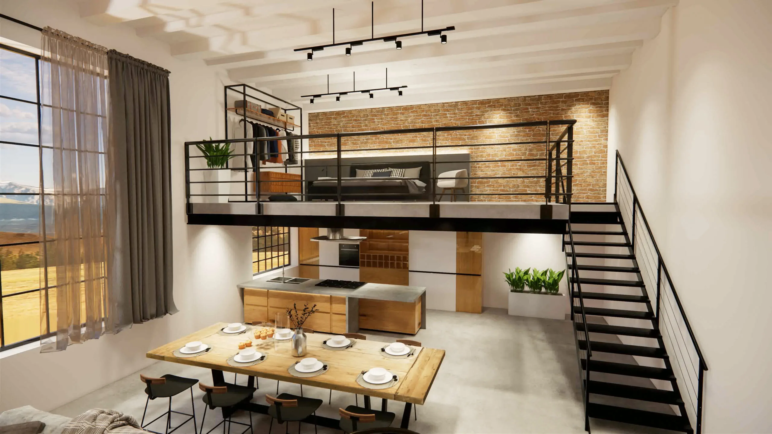a loft with a raised bed and the other areas in an open space below