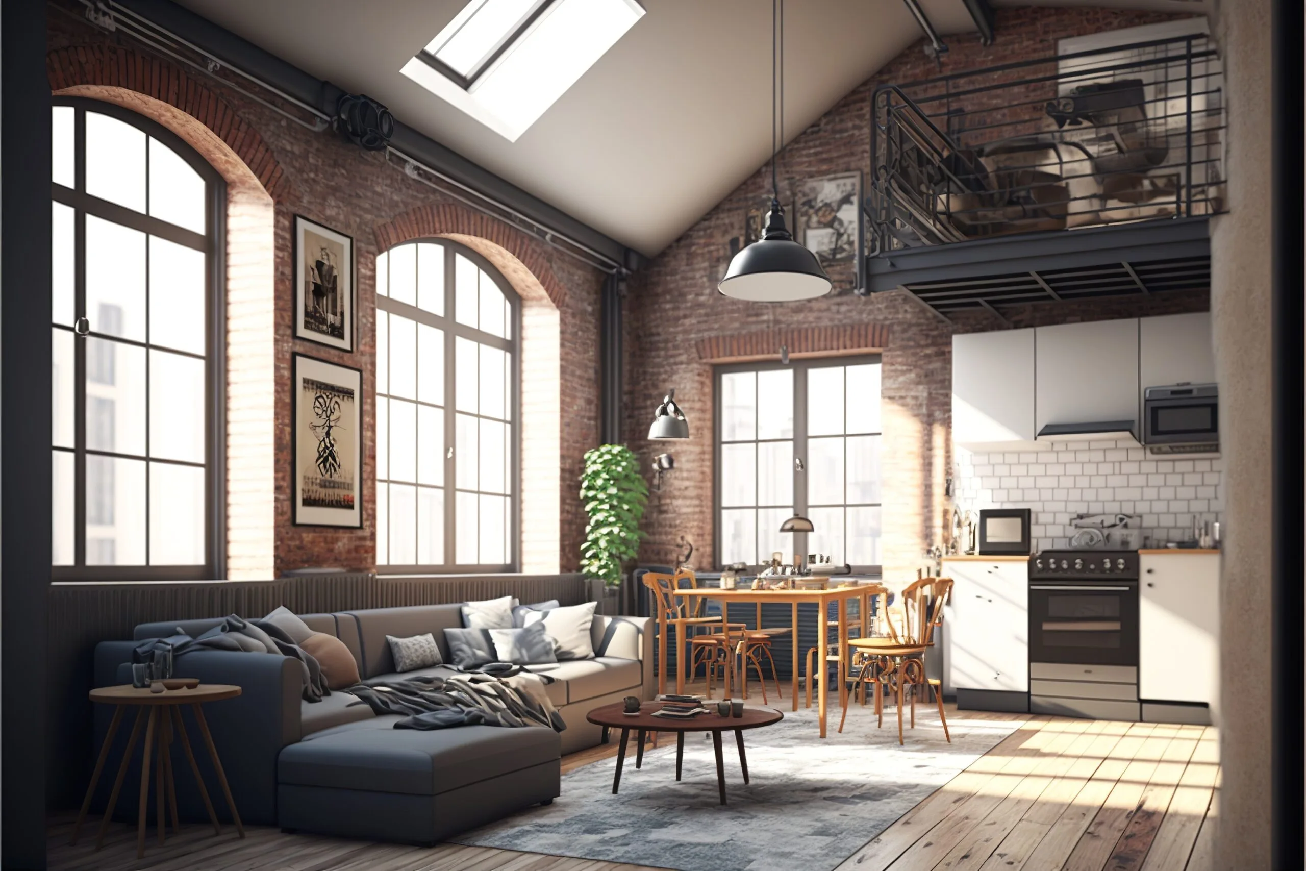 an open space loft with huge windows