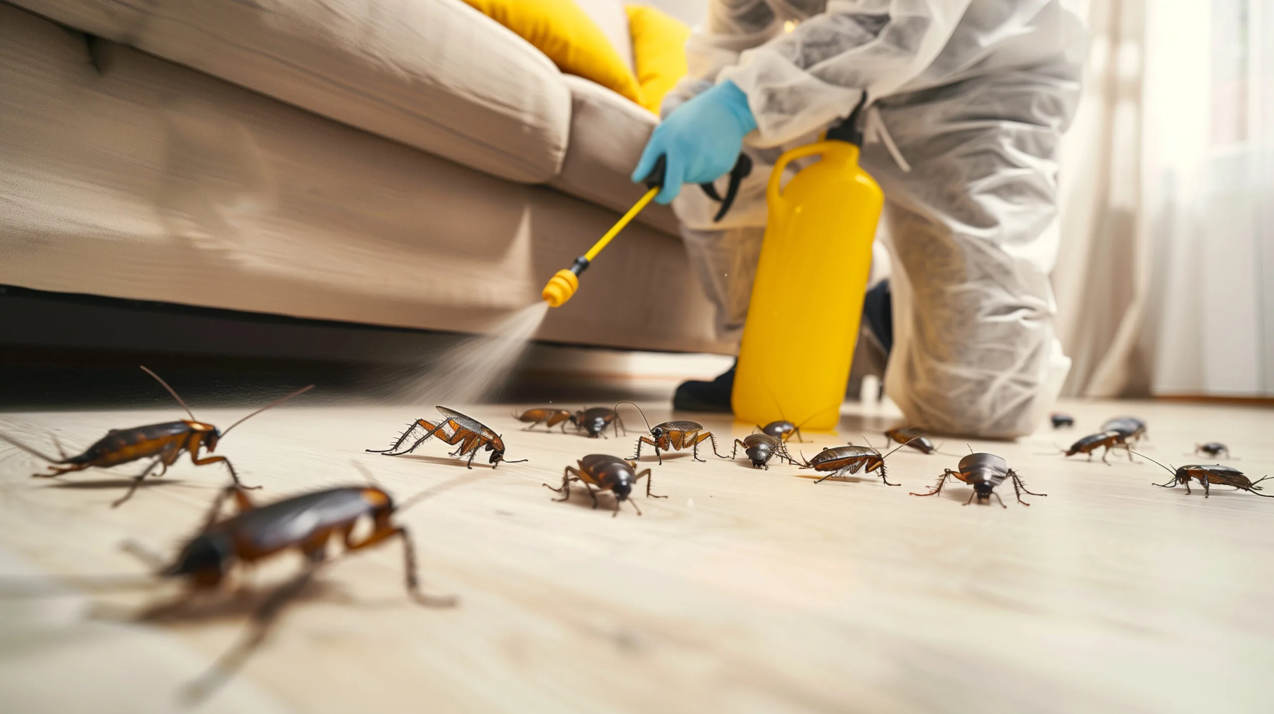 Pest Control Exterminator Man Spraying Roach Pesticide In apartment
