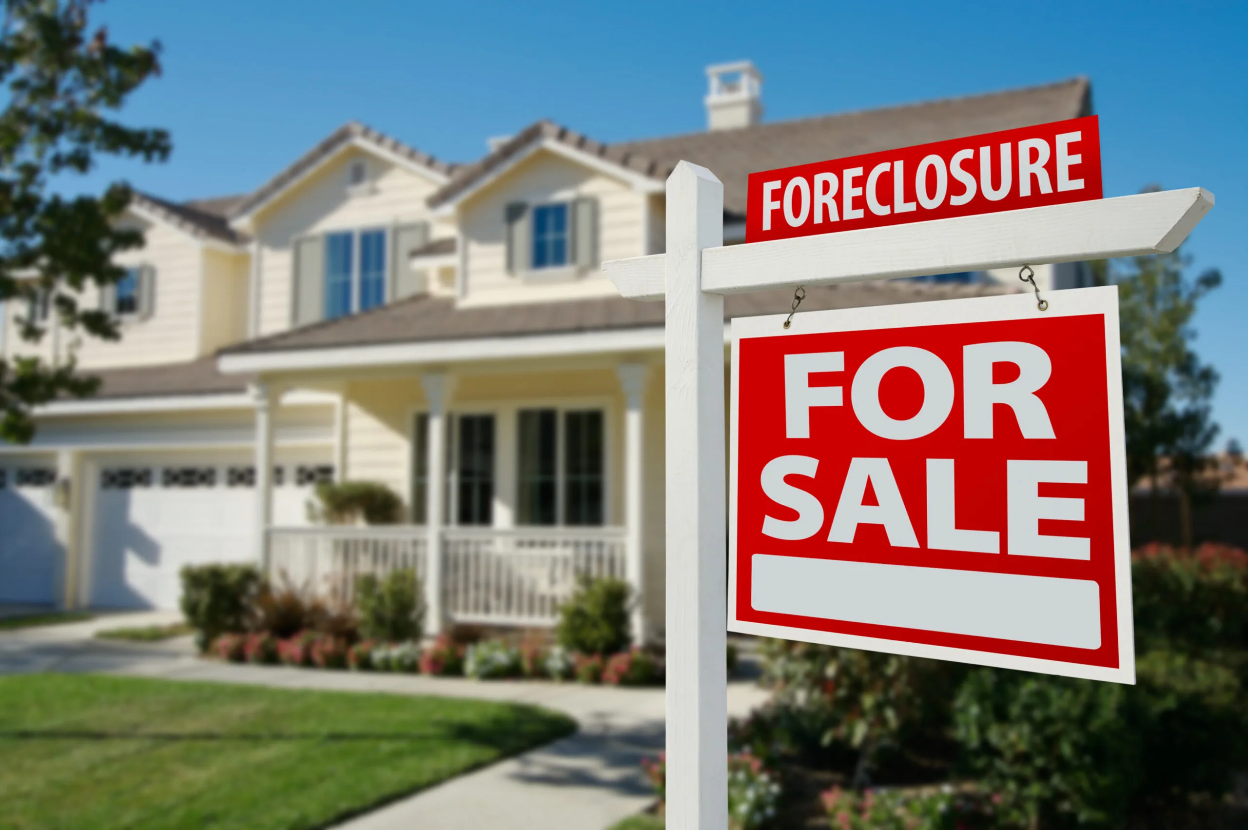 Foreclosure Home For Sale Real Estate Sign in Front of New House.