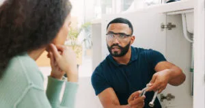 Plumber black man, woman and maintenance talk in kitchen for sink pipe with customer support in home. Entrepreneur handyman, plumbing or small business owner with consulting for fixing water system, texas landlord repair laws