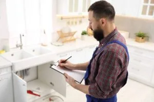Plumber in uniform with clipboard writing in kitchen