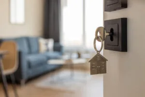 Open door to a new home with key and home shaped keychain. Mortgage, investment, real estate, Texas landlord entry notice requirements