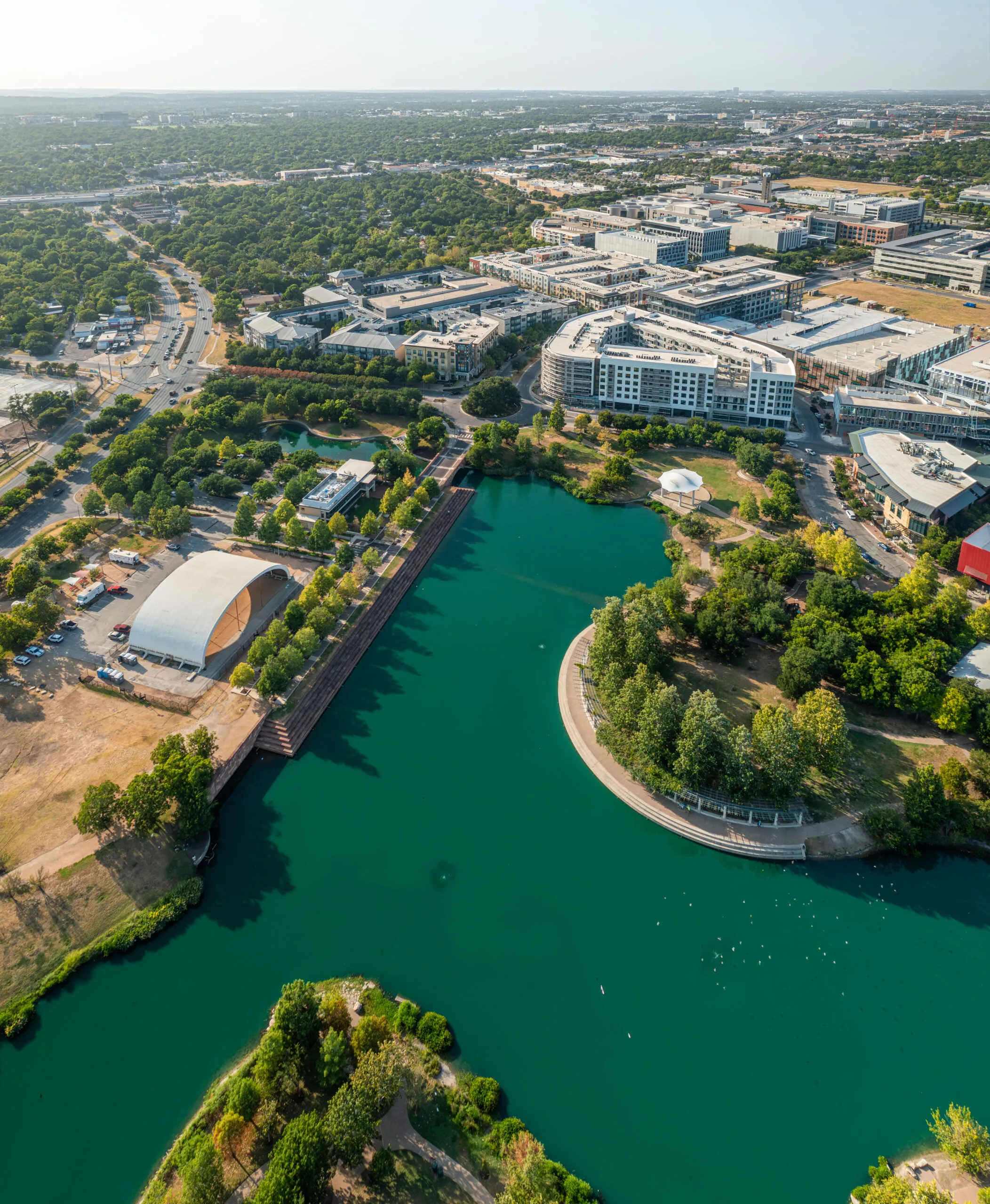 Aerial panoramic view of Mueller Lake in the park, Austin, Texas | Bay Property Management Group Texas